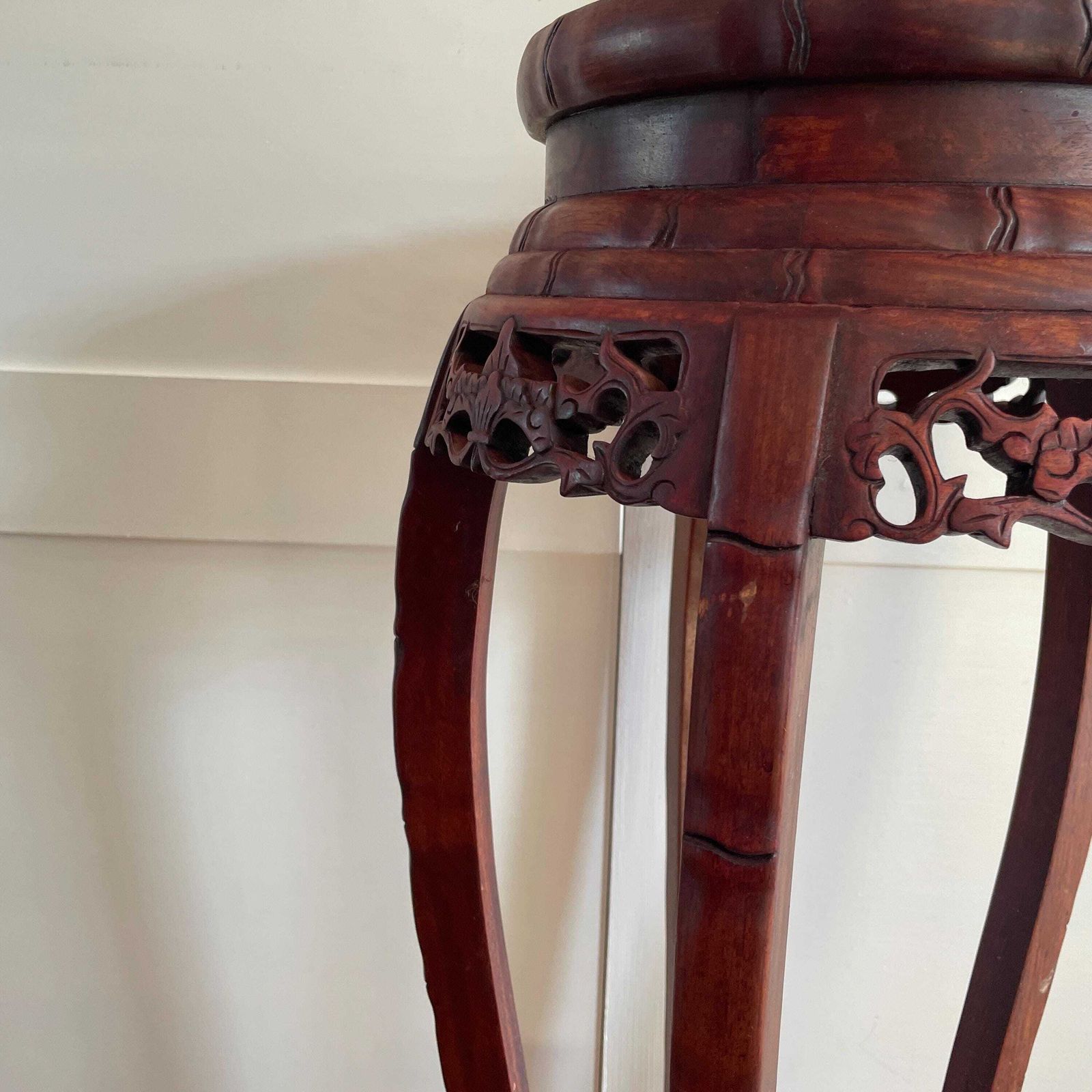 photo for sale Antique Oriental Plant Stand Table Carved Wooden Marble Top Chinese Sculpture Carved Display Floral Carving Round Accent Lamp Side Pedestal