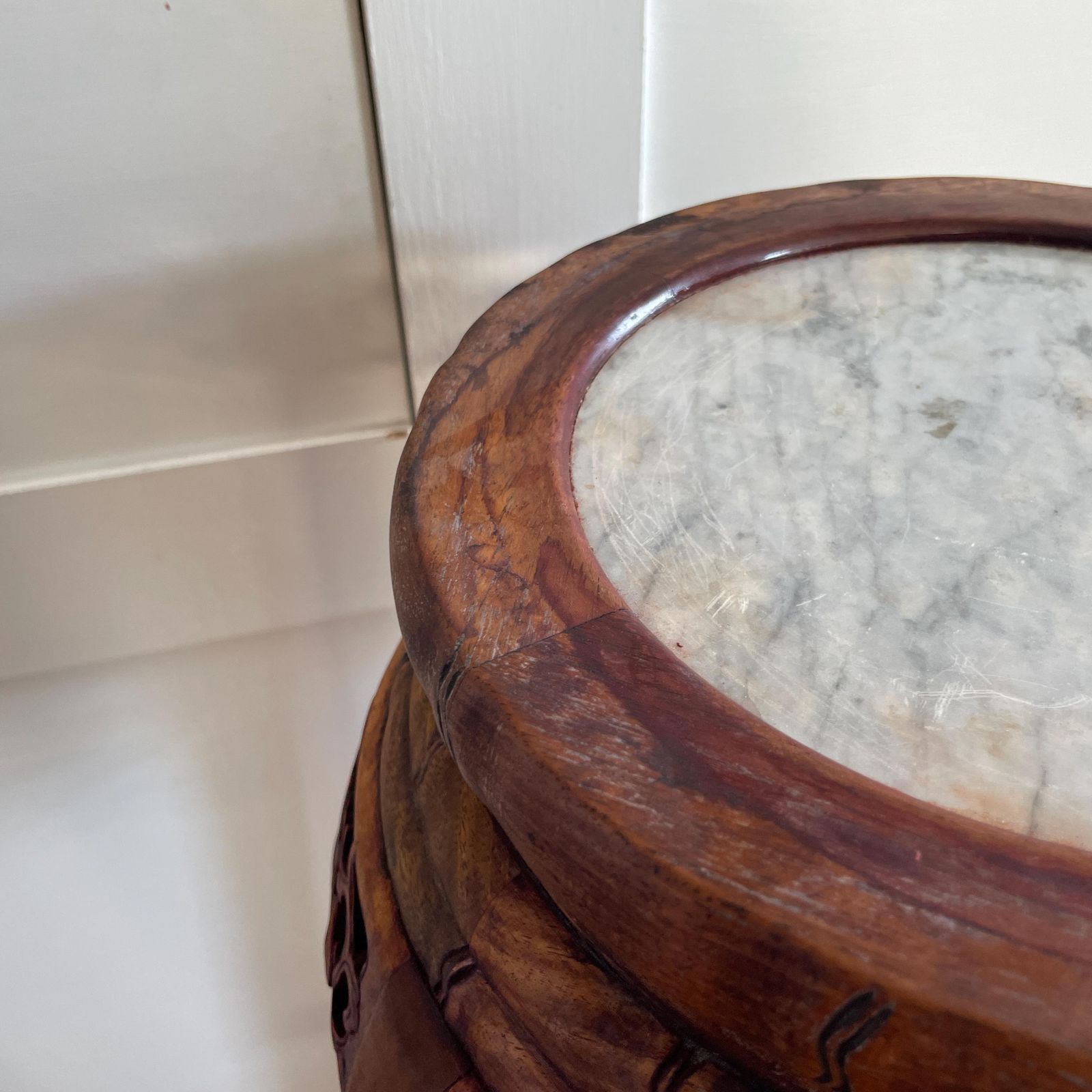 photo buy Antique Oriental Plant Stand Table Carved Wooden Marble Top Chinese Sculpture Carved Display Floral Carving Round Accent Lamp Side Pedestal