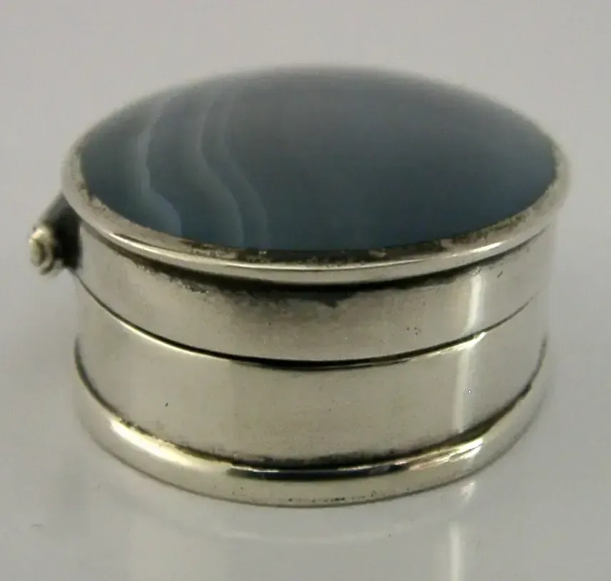 Stunning English Solid Sterling Silver Blue Agate Pill Box 1999 Antique photo Home Decor