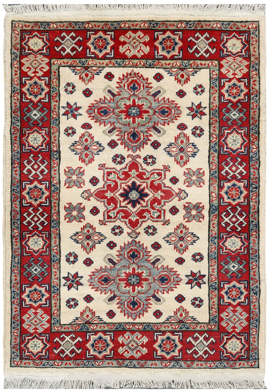 3x4 Super Kazak Ivory And Red Geometric Caucasian Rug
