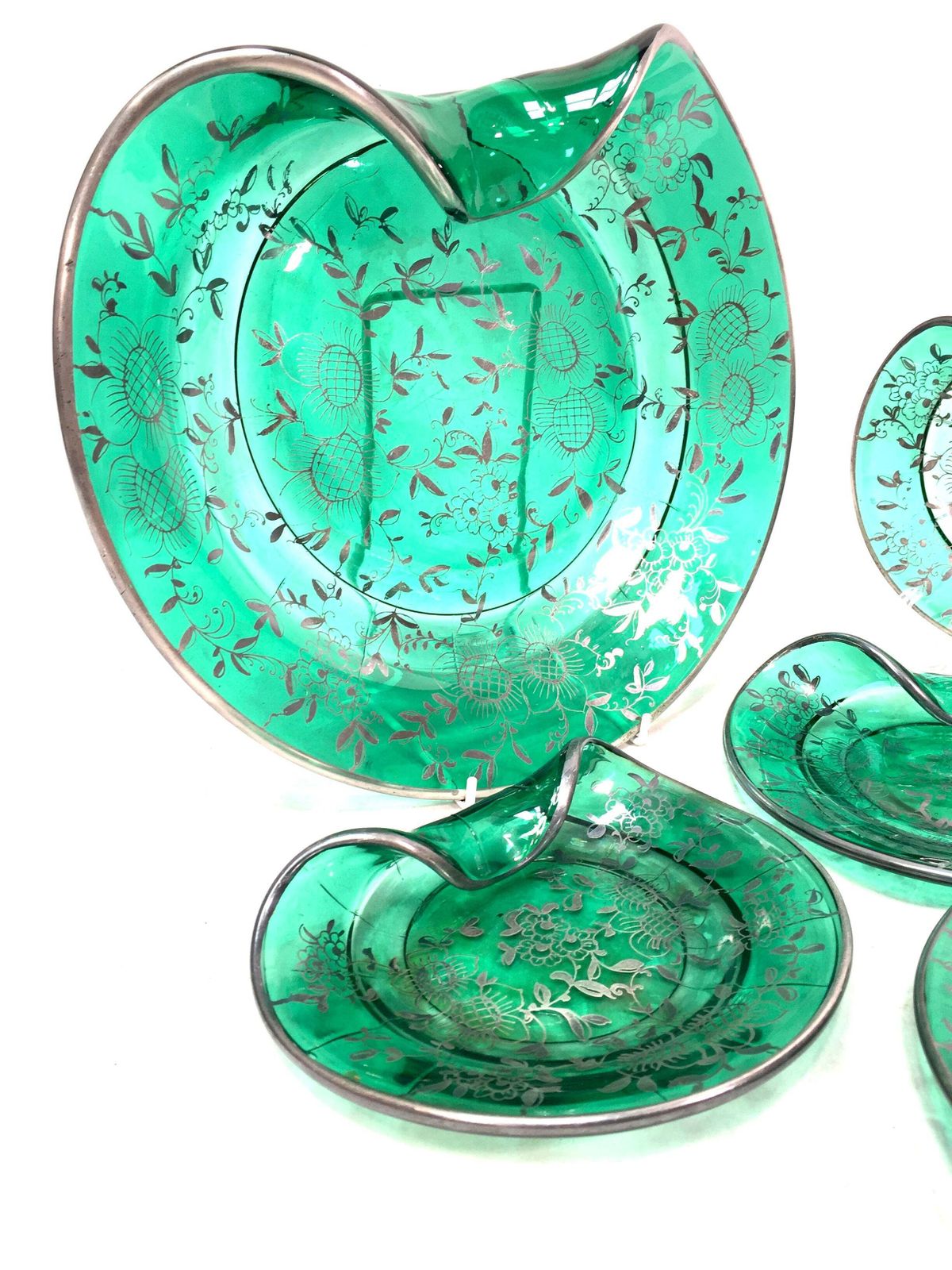 Vintage Green Art Glass With Floral Silver Overlay Serving Dish Plate Set Retro photo vinterior