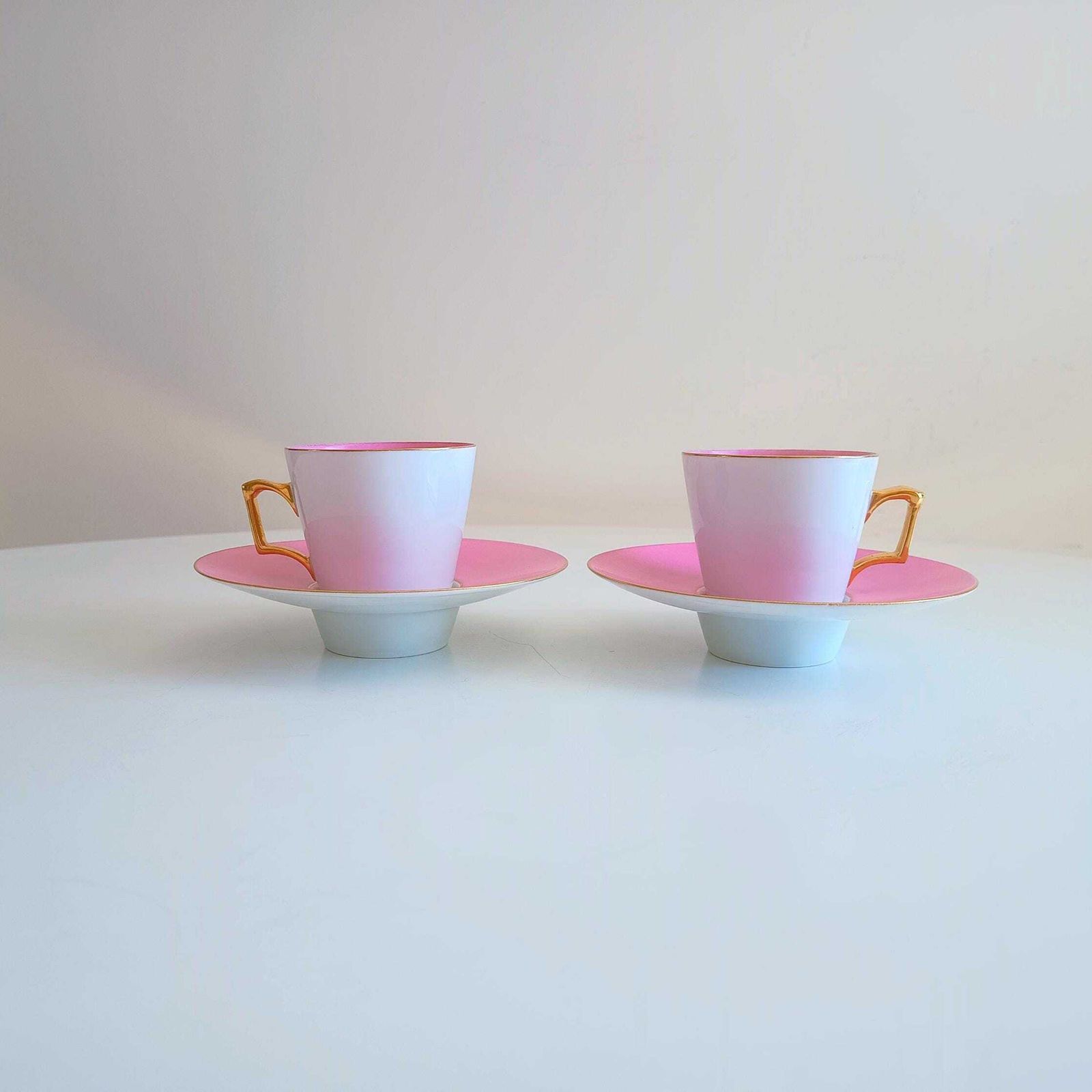 Vintage Trembleuse Tea Cups & Saucers: Rose Pompadour Pink Pair, Square Gilt Handles photo furniture