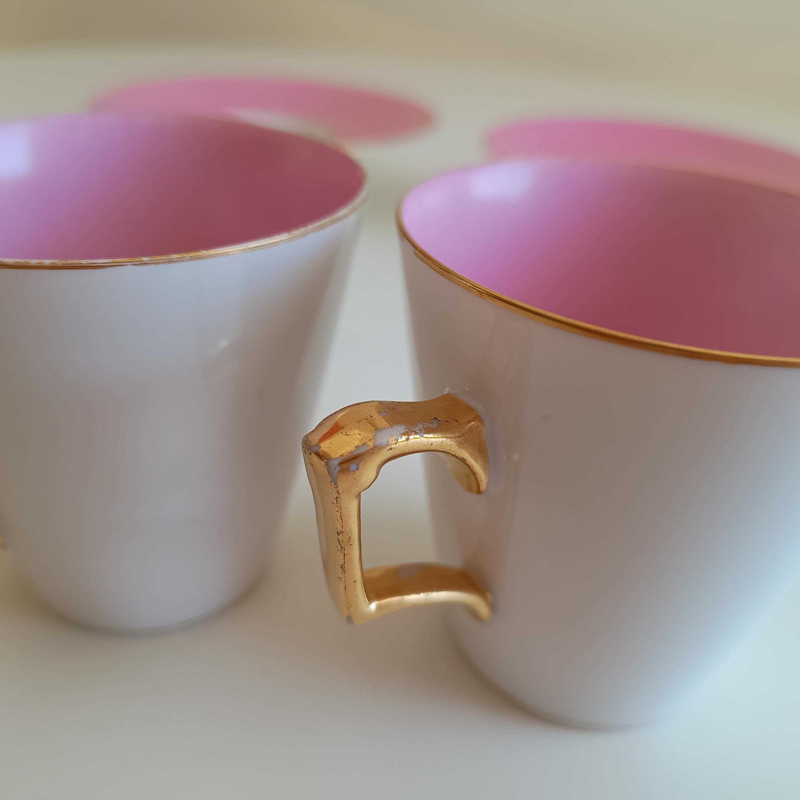 Home Decor Vintage Trembleuse Tea Cups & Saucers: Rose Pompadour Pink Pair, Square Gilt Handles photo
