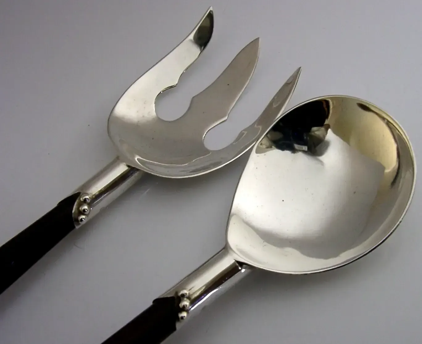 Grandes couverts à salade en argent massif sterling et bois, style Arts & Crafts, vers 1980, Mexique, 120 g photo vintage