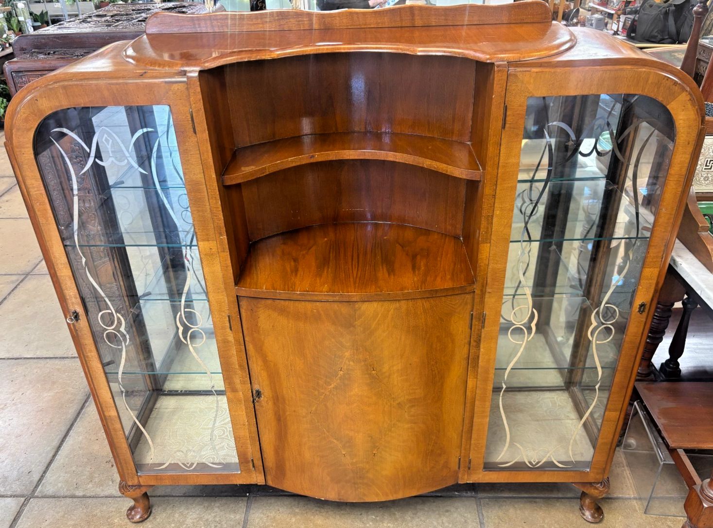 1950's Walnut Veneered Art Deco Style Side By Side Display Cabinet As Found
