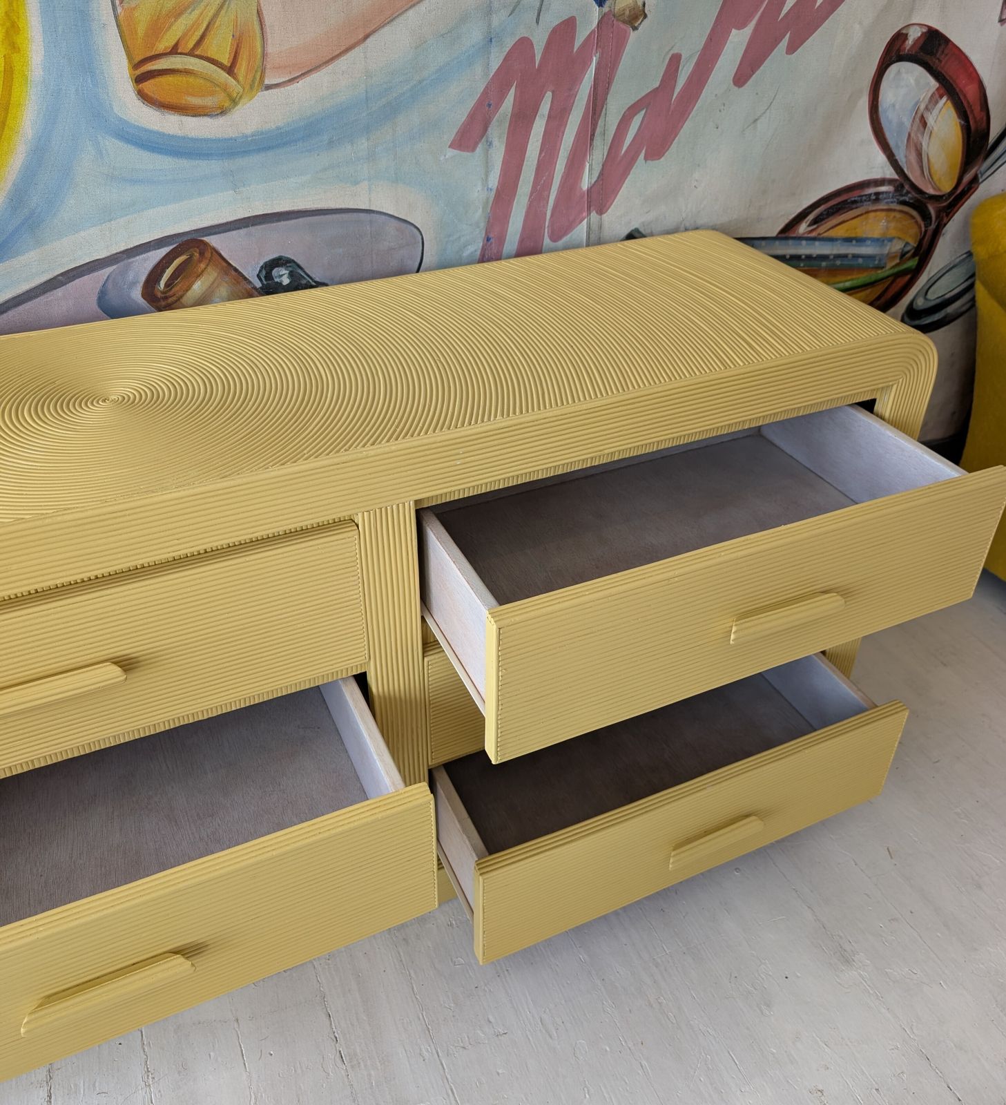 Vintage American Butter Yellow Pencil Reed Sideboard With Drawers / Dresser, 1970s photo for sale