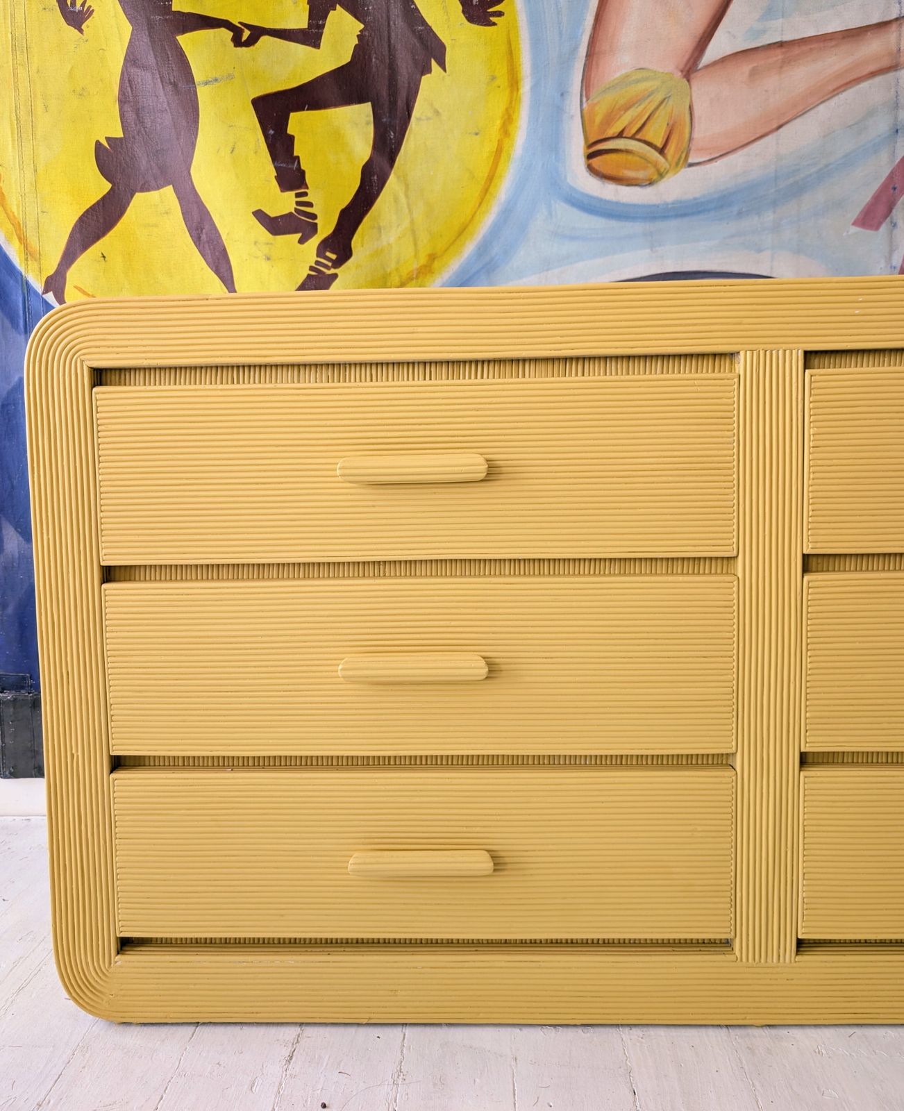 Vintage American Butter Yellow Pencil Reed Sideboard With Drawers / Dresser, 1970s photo Furniture