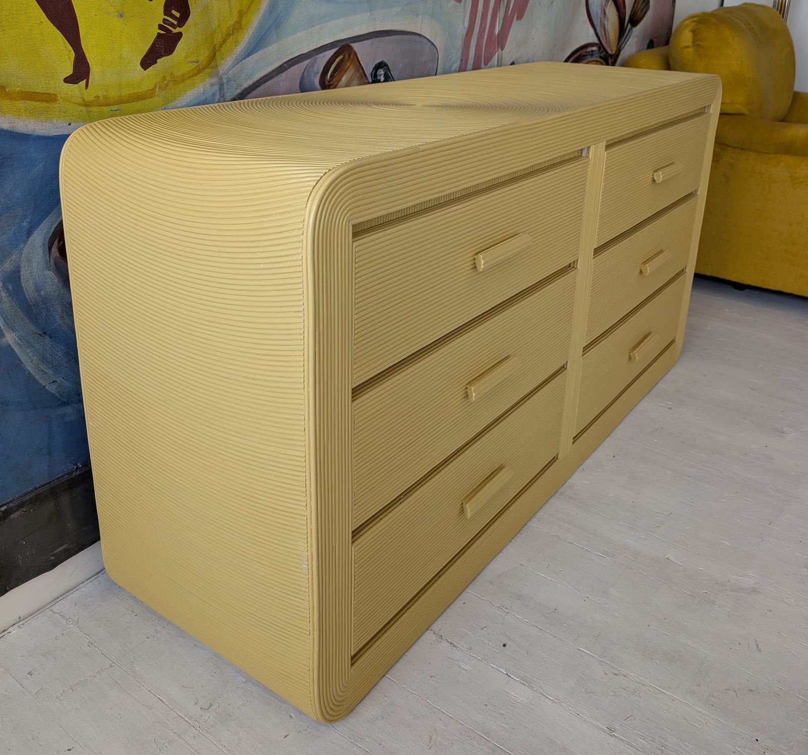 Vintage American Butter Yellow Pencil Reed Sideboard With Drawers / Dresser, 1970s photo vintage