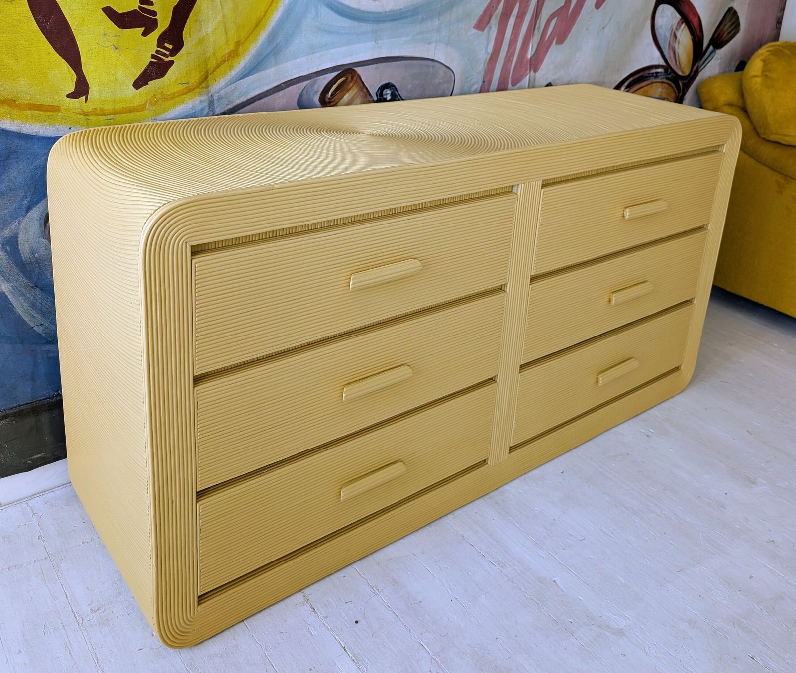 photo furniture Vintage American Butter Yellow Pencil Reed Sideboard With Drawers / Dresser, 1970s