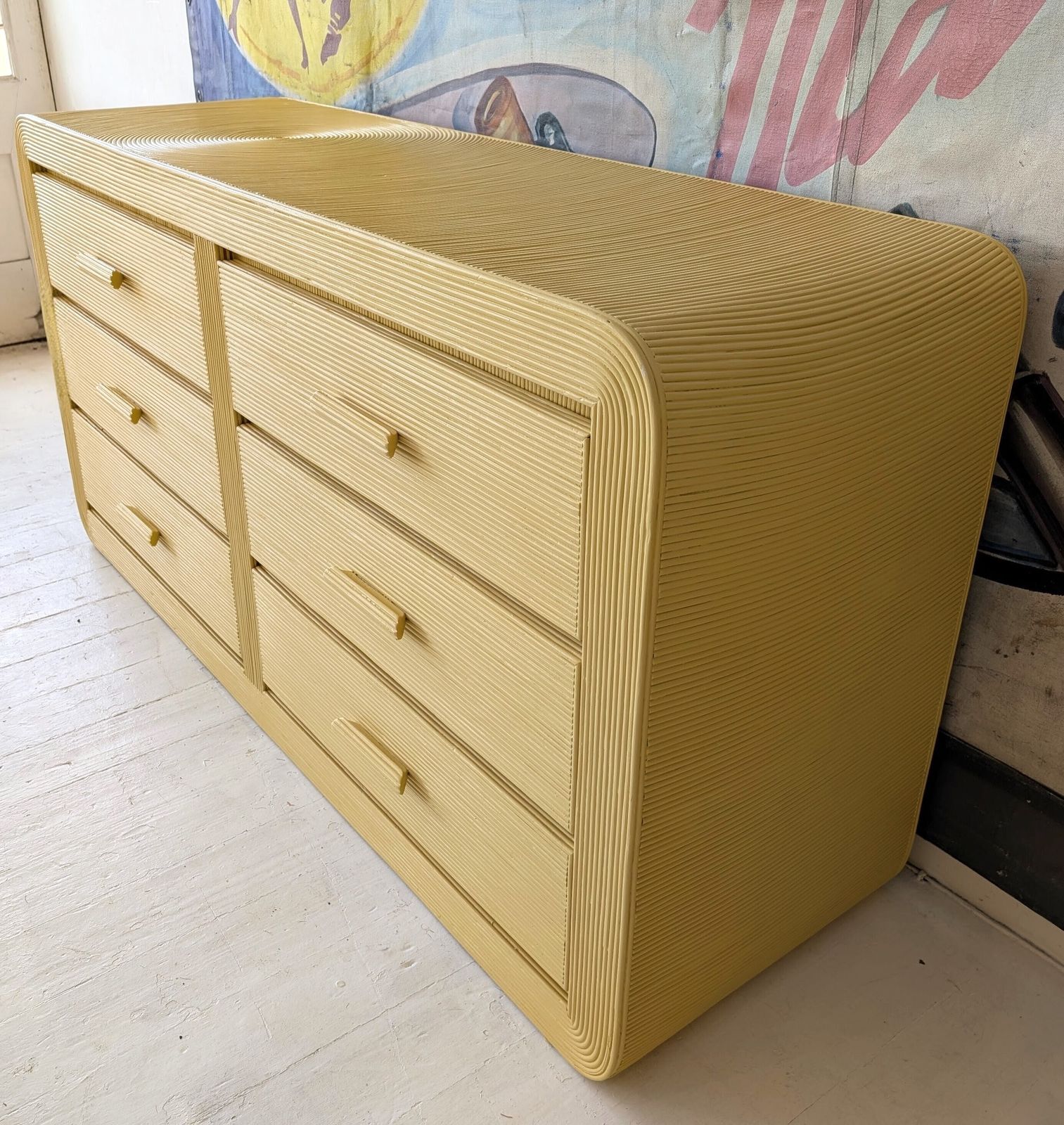photo for sale Vintage American Butter Yellow Pencil Reed Sideboard With Drawers / Dresser, 1970s