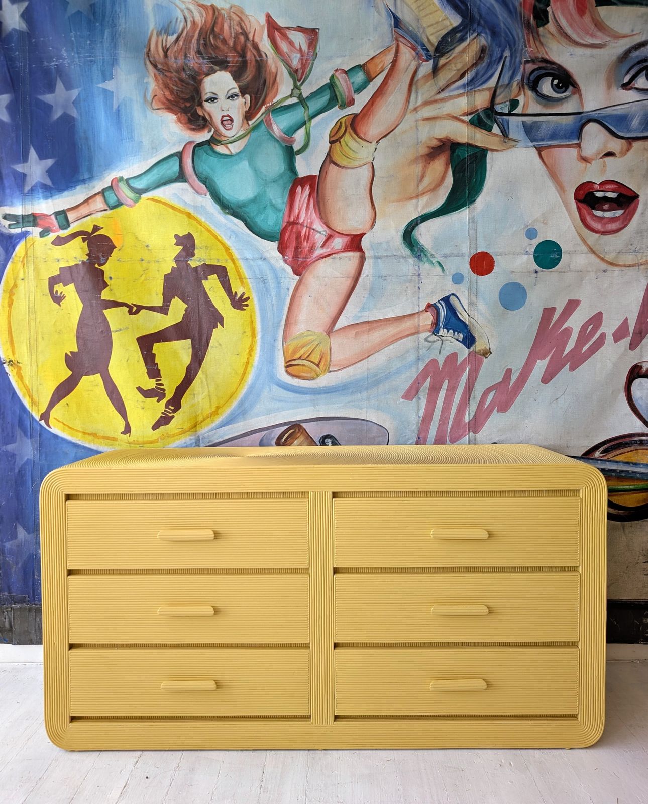 1495.0 Vintage American Butter Yellow Pencil Reed Sideboard With Drawers / Dresser, 1970s photo
