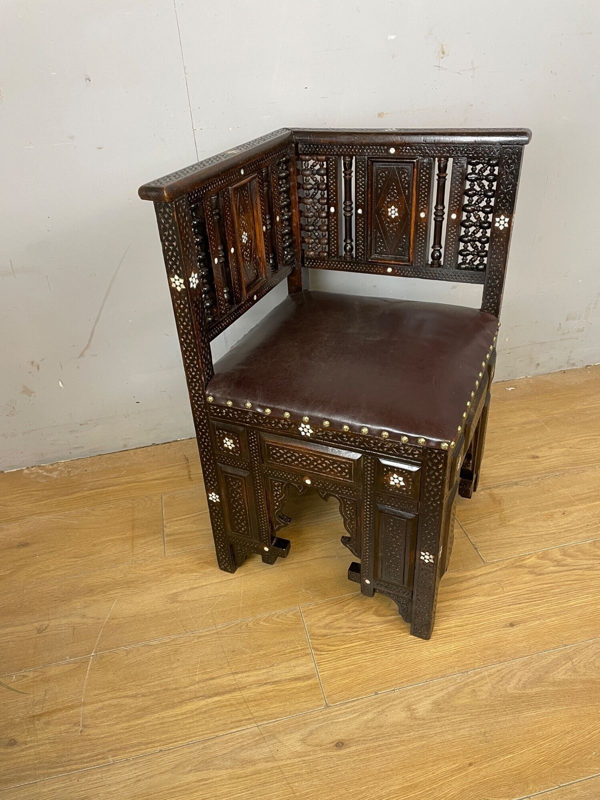 C19th Inlaid Carved Corner Chair With Mashrabiya Panels Attributed To Liberty And Co photo furniture