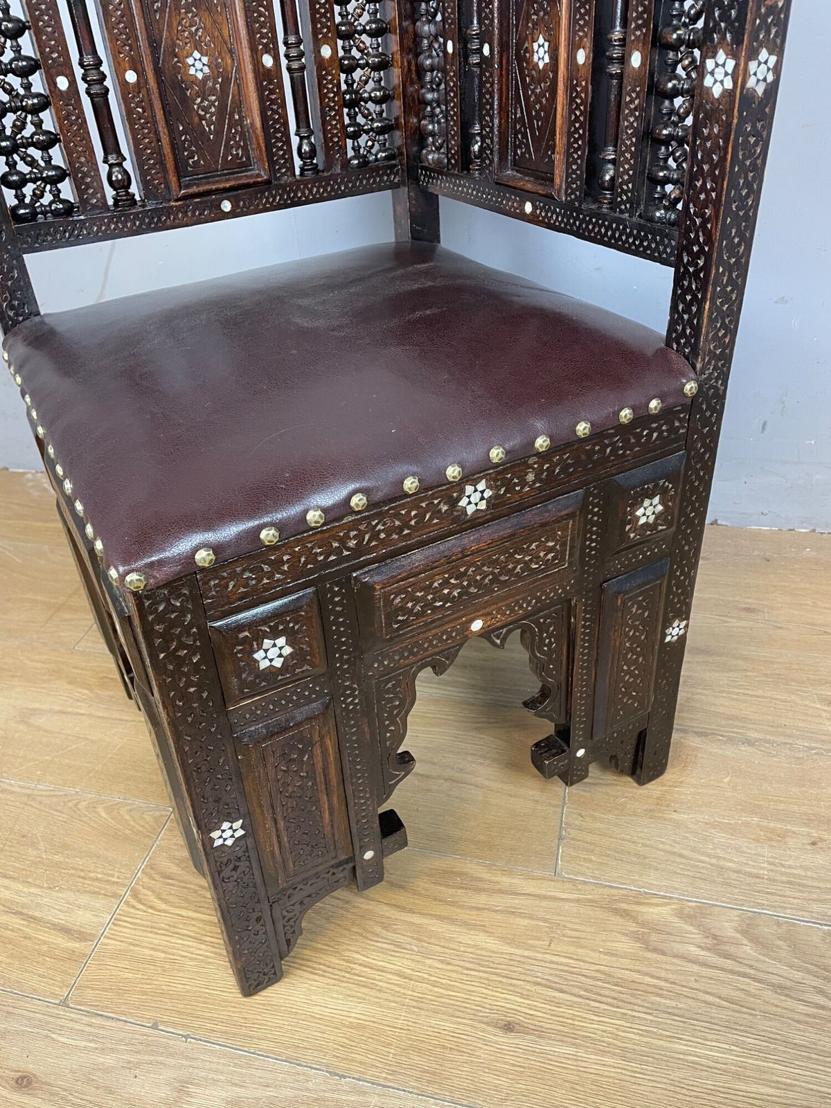 C19th Inlaid Carved Corner Chair With Mashrabiya Panels Attributed To Liberty And Co photo vintage