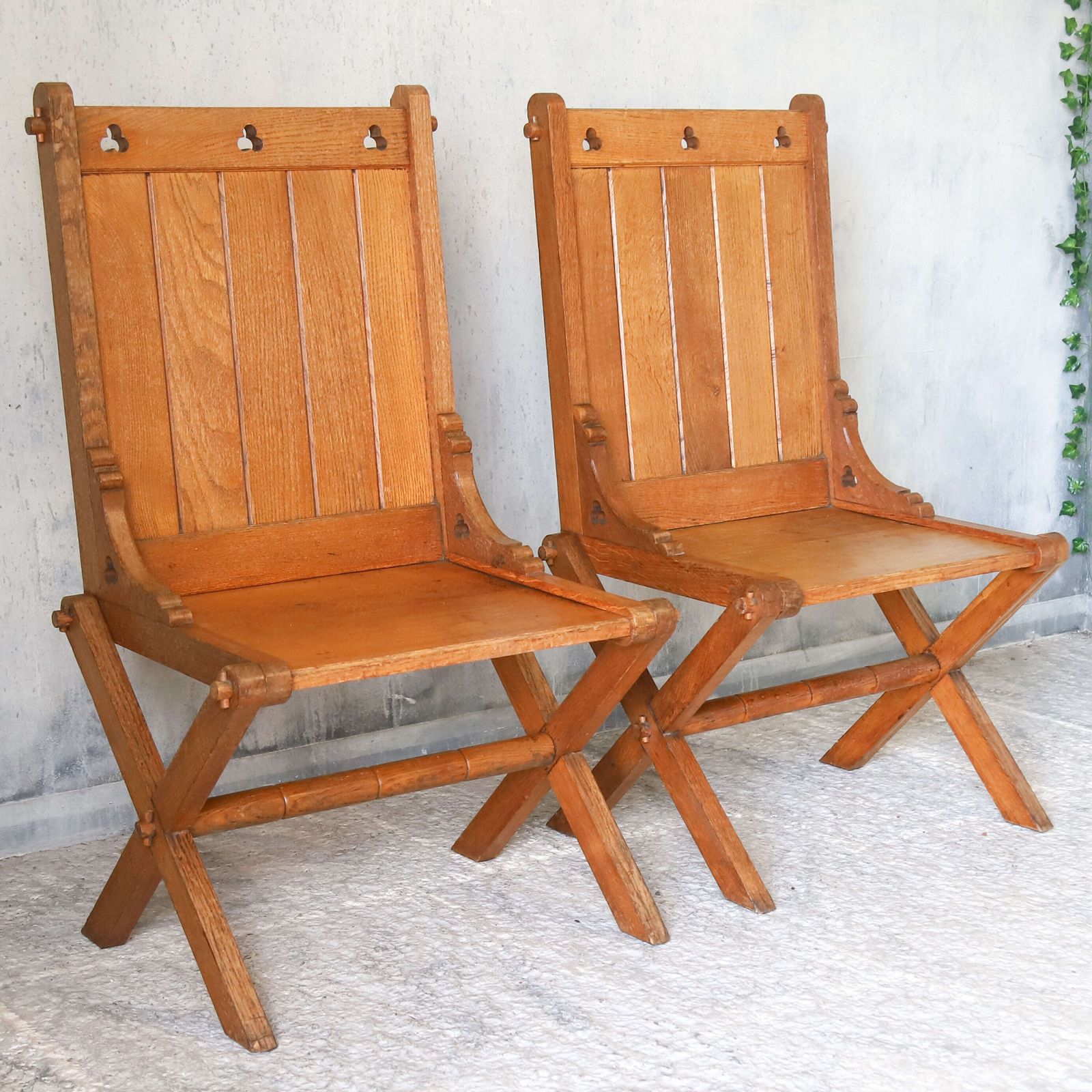 Pair Of Oak Gothic Revival Glastonbury Chairs With Trefoil Details, Early 1900s photo buy