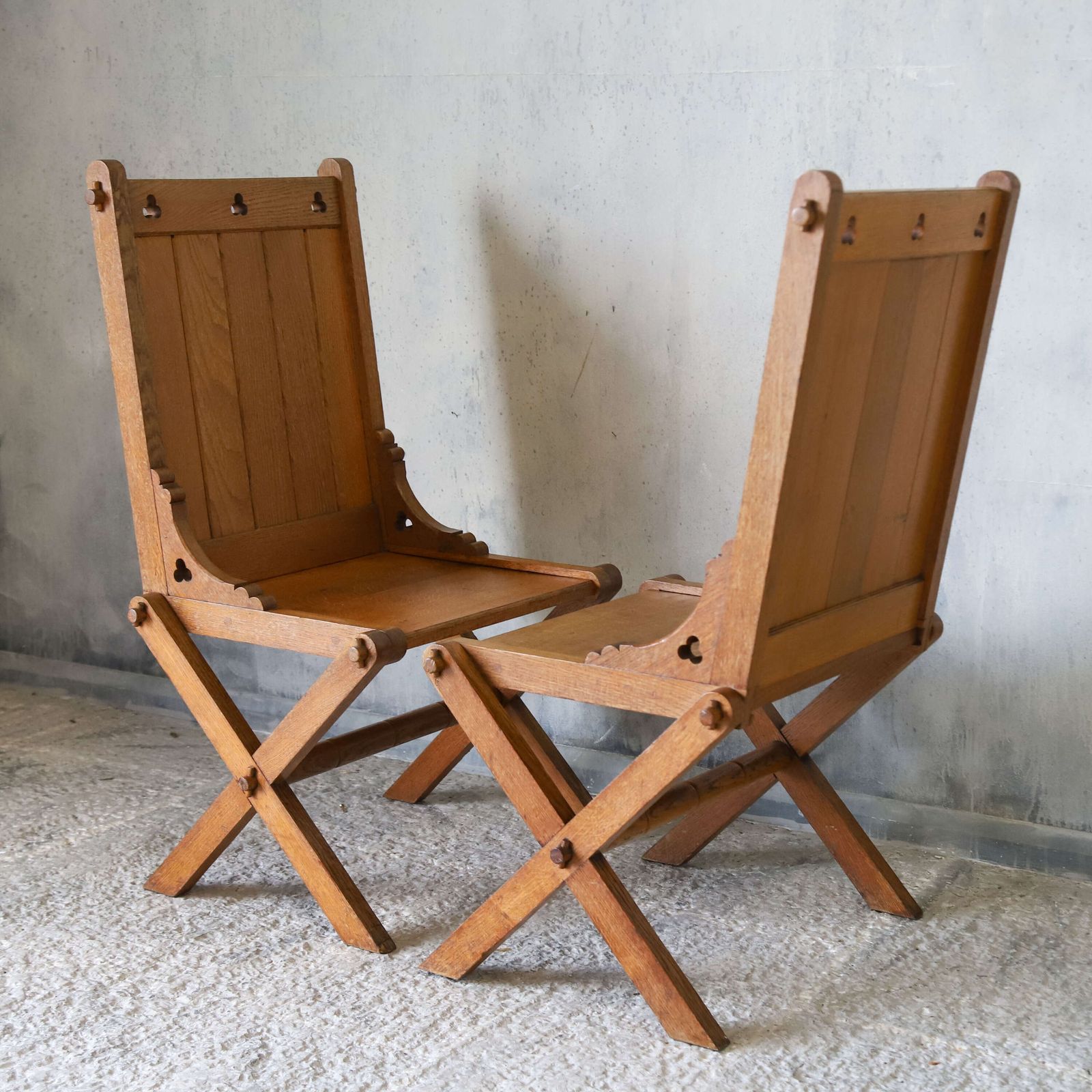 photo for sale Pair Of Oak Gothic Revival Glastonbury Chairs With Trefoil Details, Early 1900s