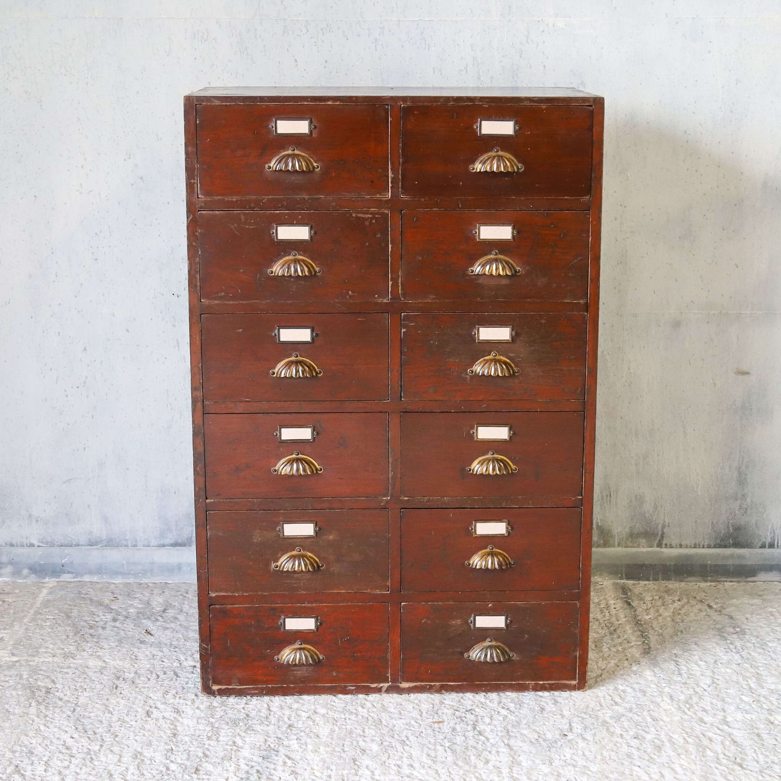 Antique Mahogany Bank Of Drawers With Original Shell Pulls & Label Holders, C.1910 photo furniture