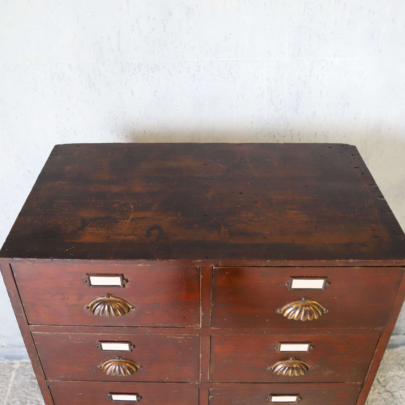 Antique Mahogany Bank Of Drawers With Original Shell Pulls & Label Holders, C.1910 photo vinterior