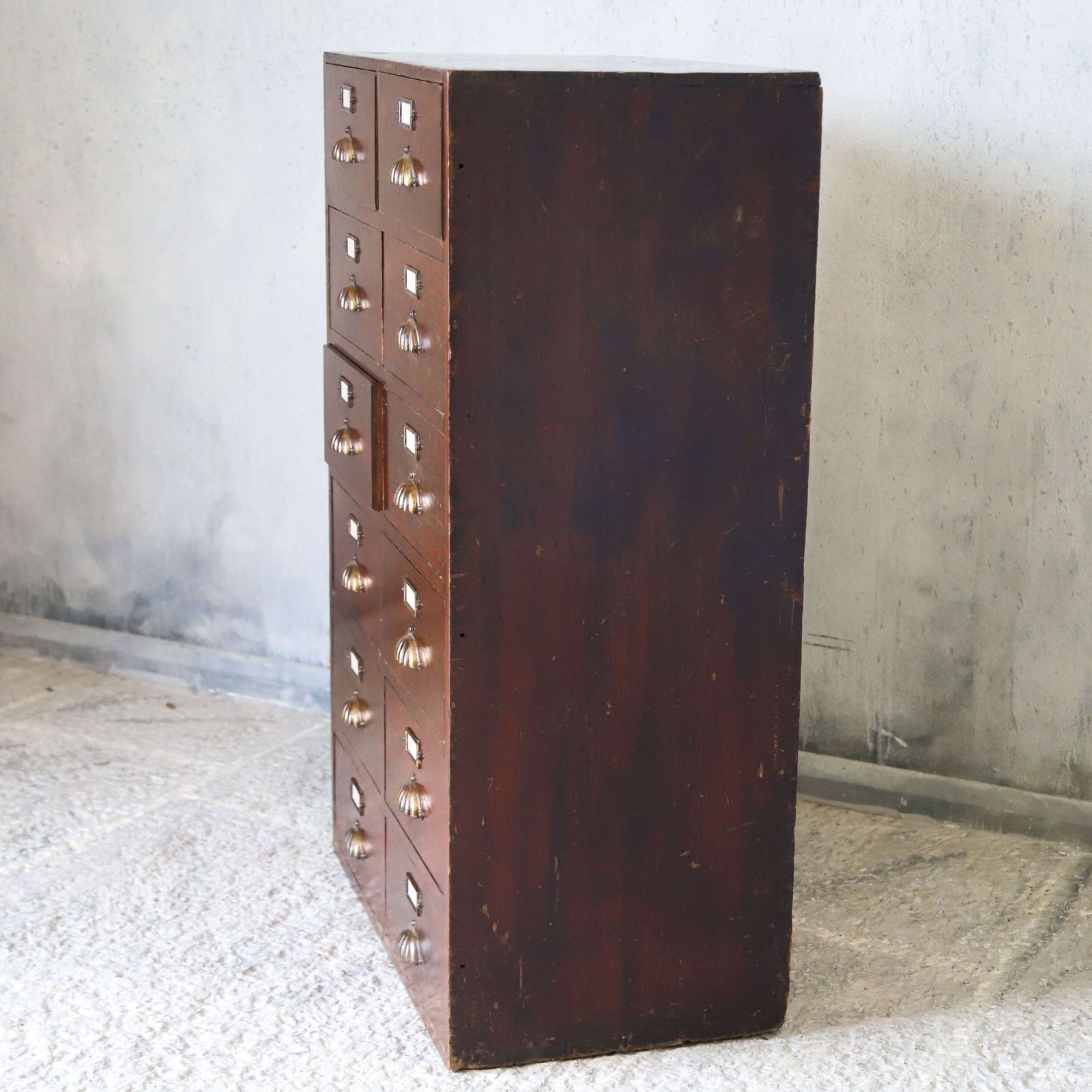 Furniture Antique Mahogany Bank Of Drawers With Original Shell Pulls & Label Holders, C.1910 photo