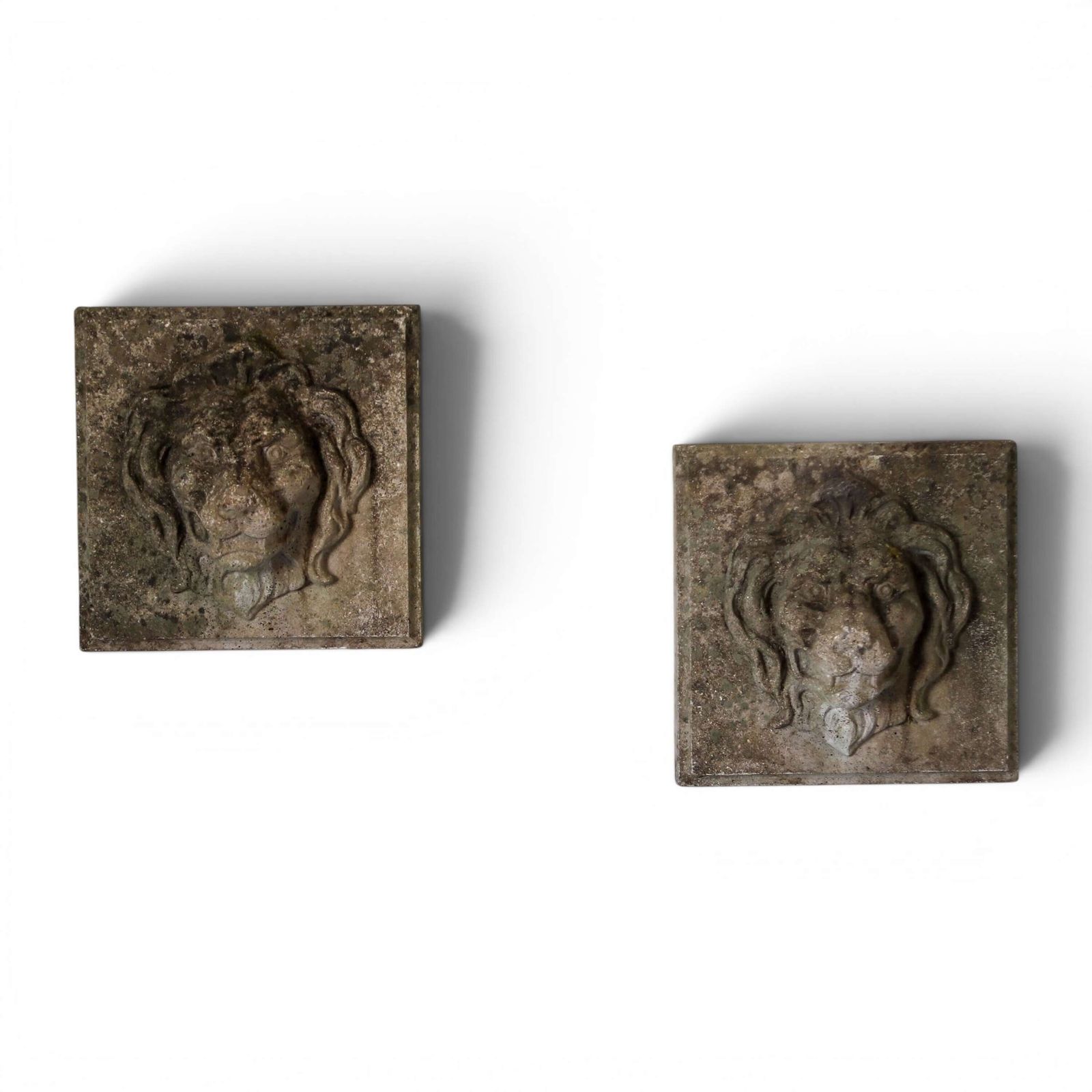 Pair Of Composite Stone Lion Masks With Weathered Patina, Classical Style, C.1960s