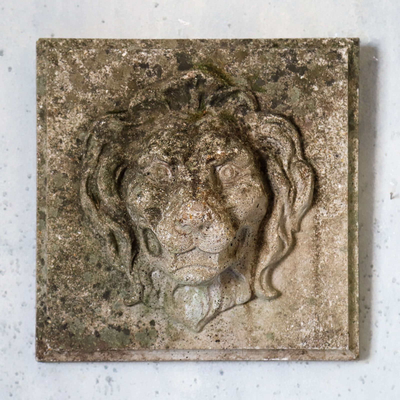 Pair Of Composite Stone Lion Masks With Weathered Patina, Classical Style, C.1960s photo vinterior