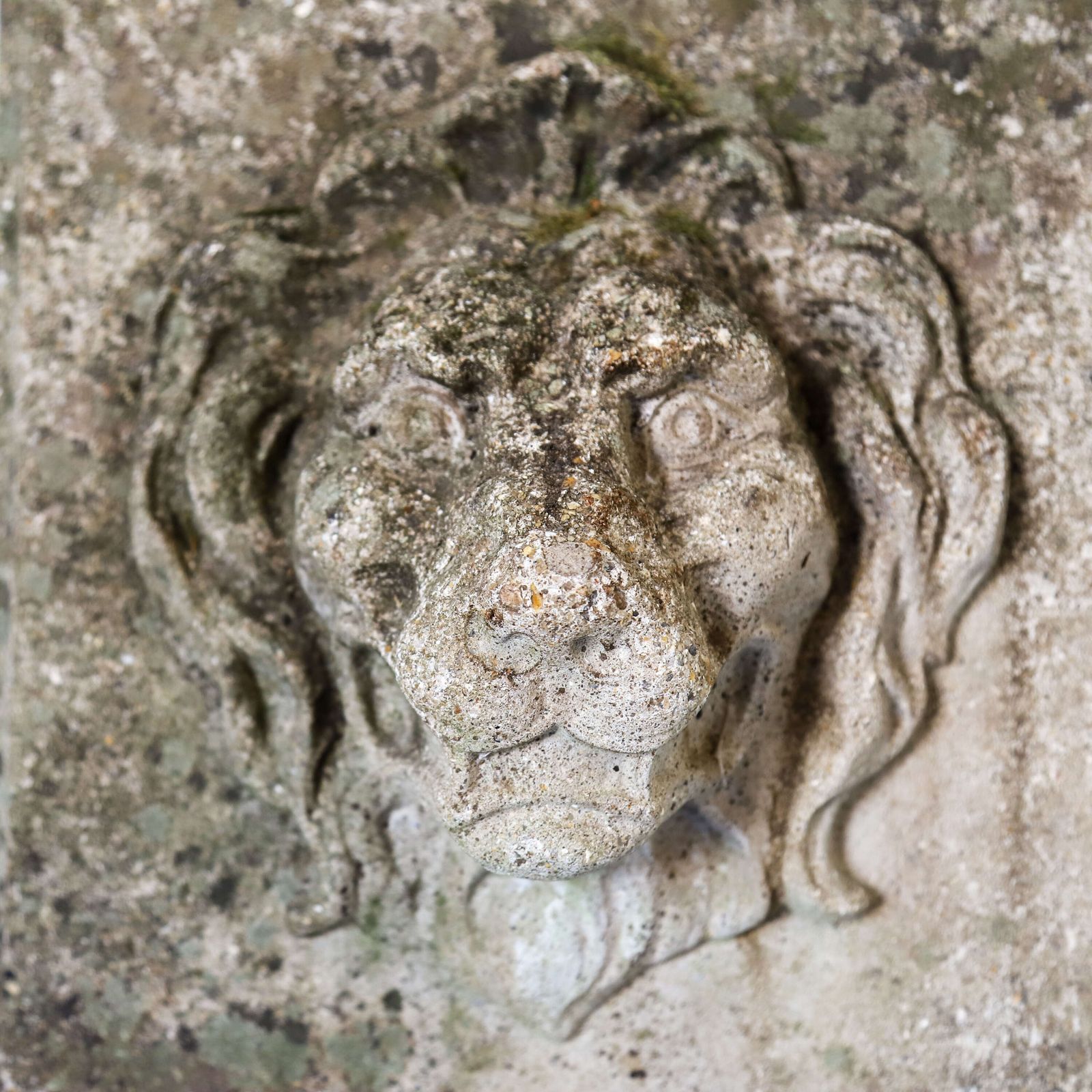 Pair Of Composite Stone Lion Masks With Weathered Patina, Classical Style, C.1960s photo vintage