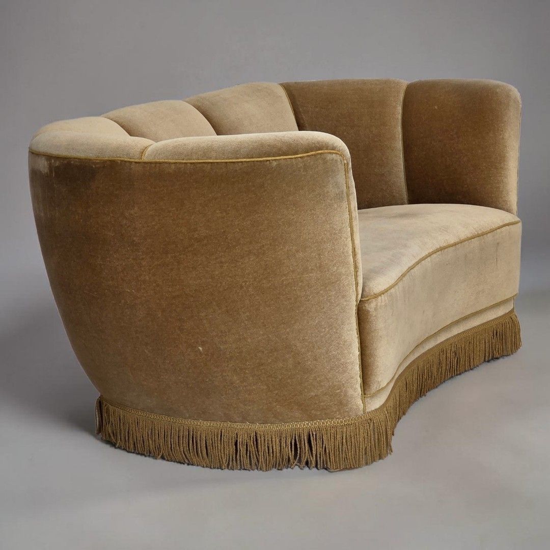 1960s, Danish "Banana" 2 Seater Sofa, Green Furniture Velour, Oak Wood.