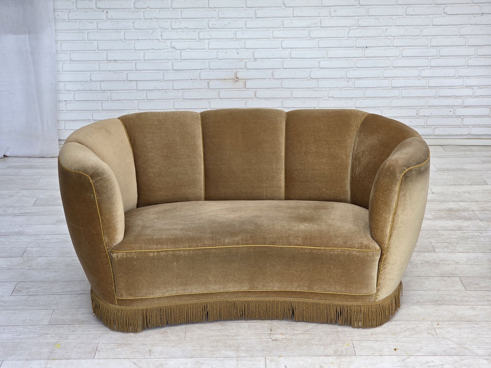 1960s, Danish "Banana" 2 Seater Sofa, Green Furniture Velour, Oak Wood. photo for sale