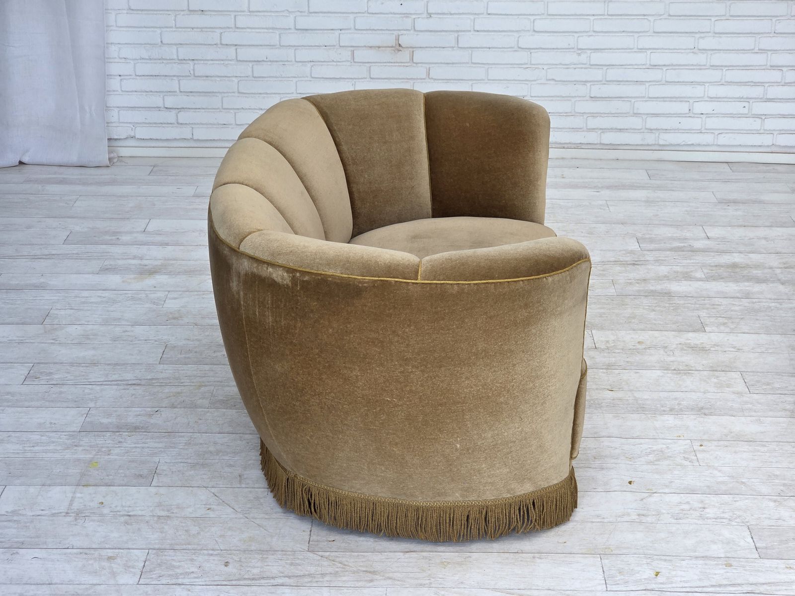 1960s, Danish "Banana" 2 Seater Sofa, Green Furniture Velour, Oak Wood. photo vintage
