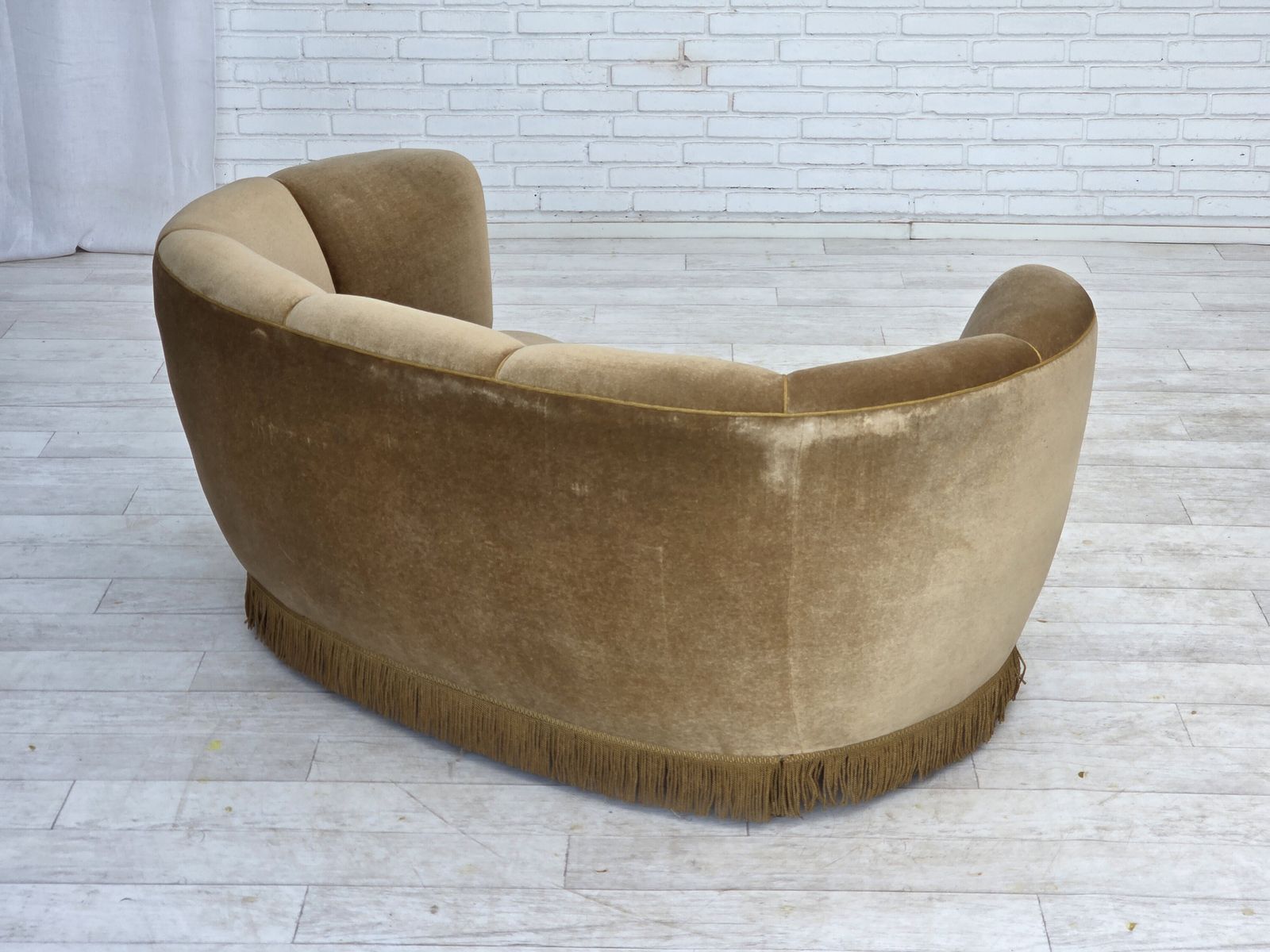 Furniture 1960s, Danish "Banana" 2 Seater Sofa, Green Furniture Velour, Oak Wood. photo