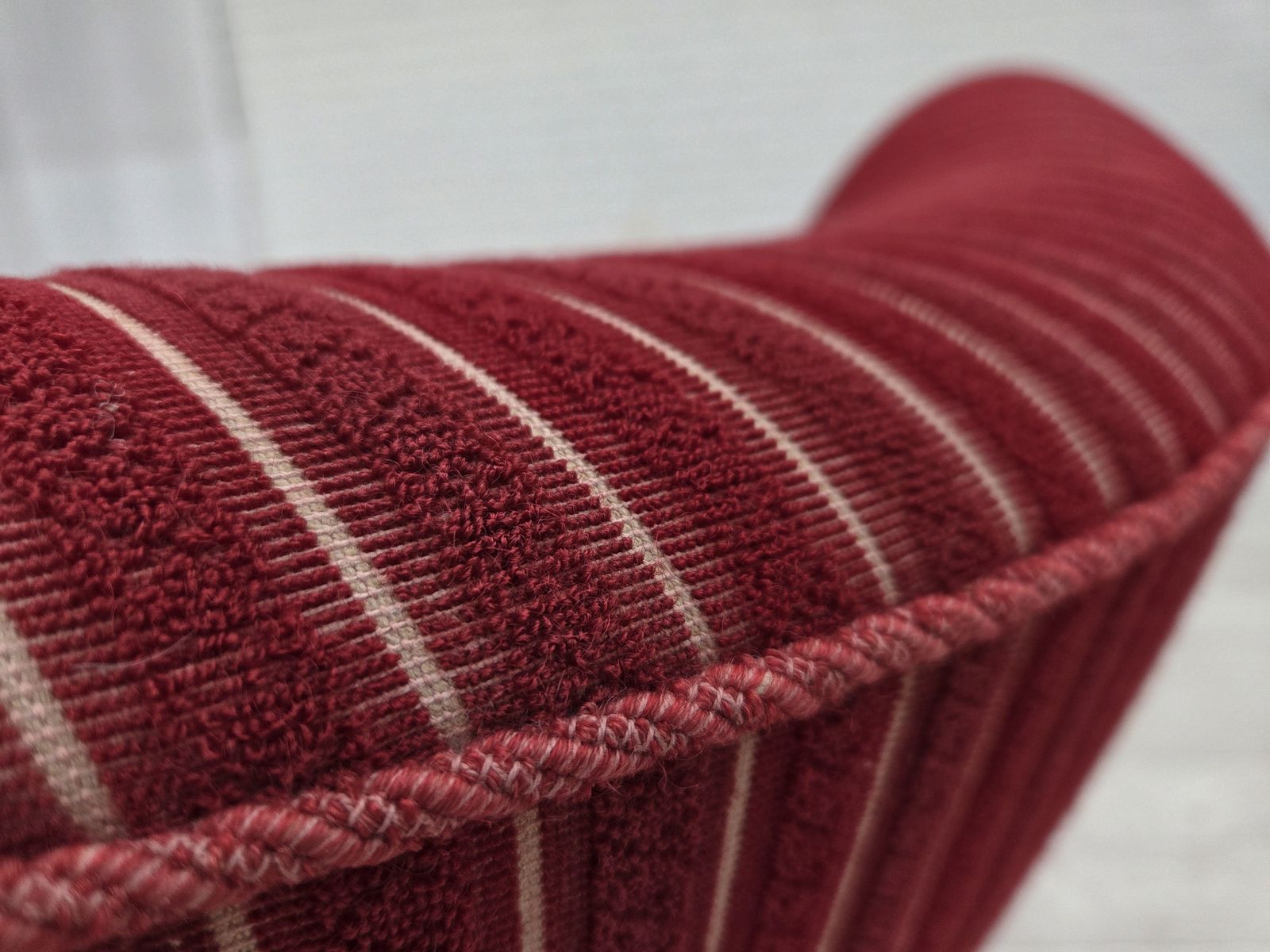 890.0 1960s, Danish Armchair, Red Striped Furniture Wool, Oak Wood Legs. photo