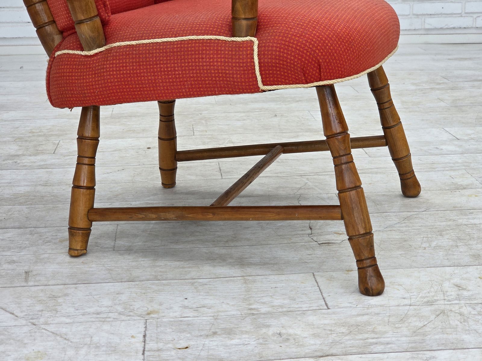 1960s, Scandinavian Armchair, Red Furniture Wool, Beech Wood. photo vintage