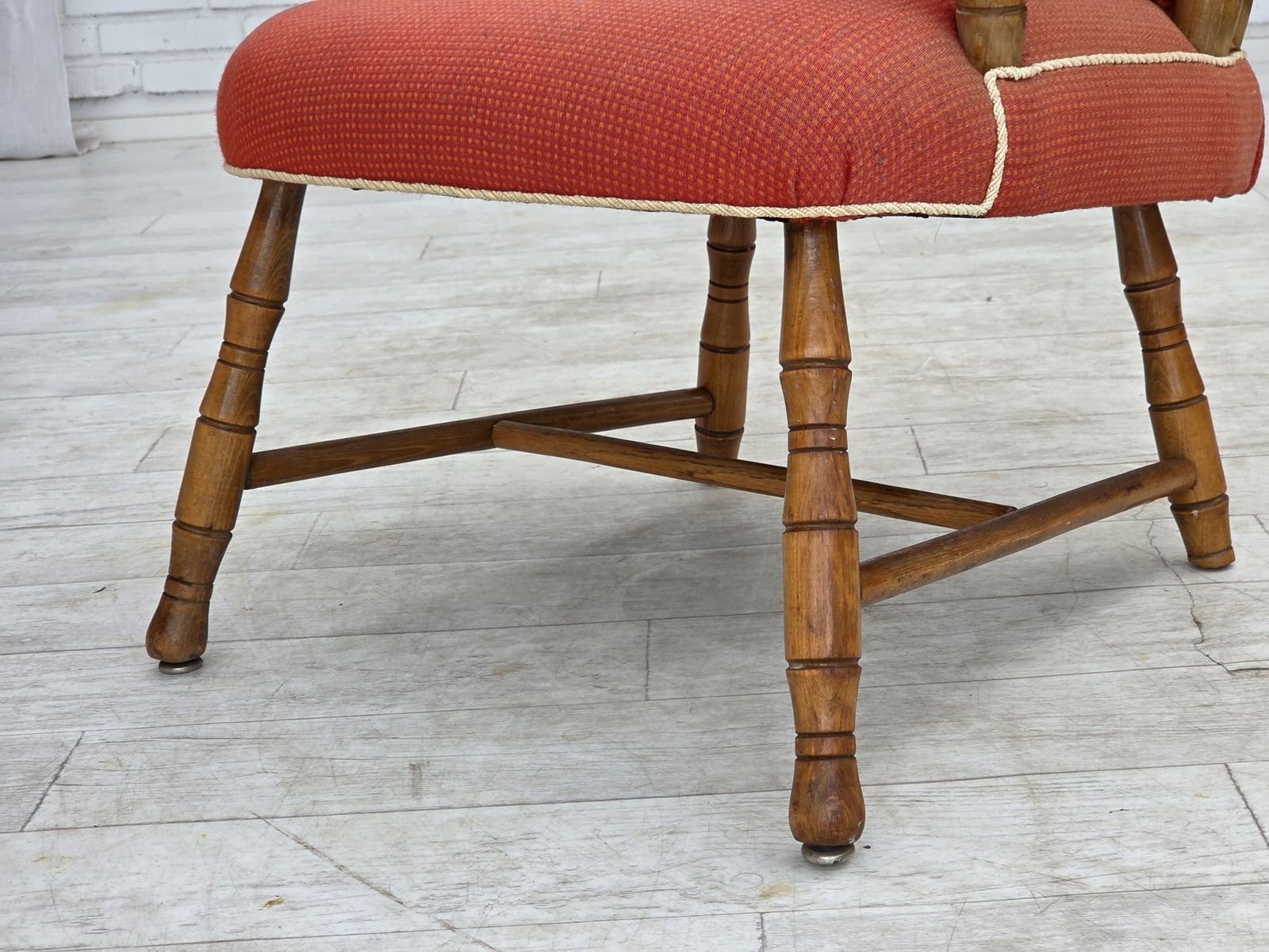Furniture 1960s, Scandinavian Armchair, Red Furniture Wool, Beech Wood. photo