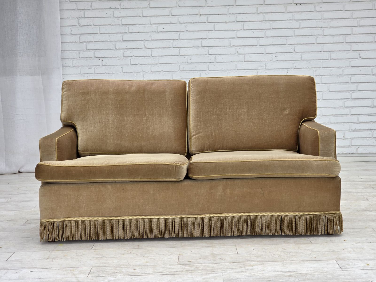 1970s, Danish 2 Seater Sofa, Honey Yellow Furniture Velour. photo furniture