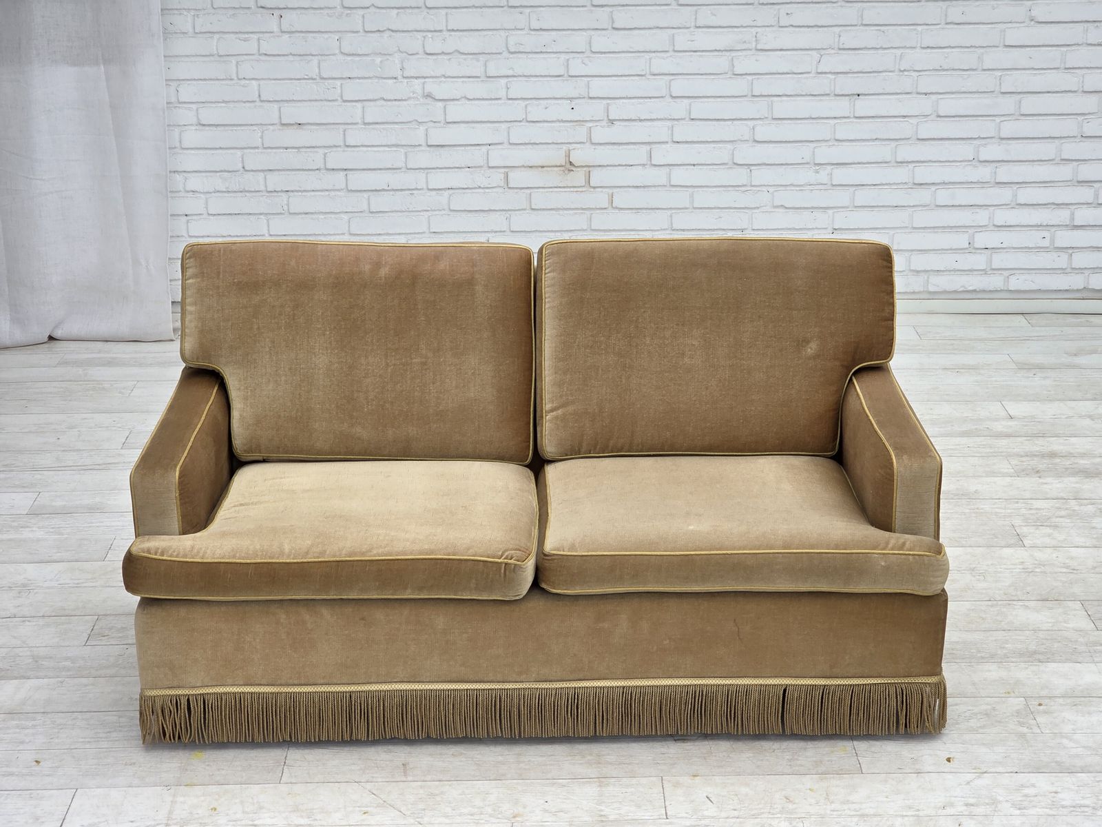 1970s, Danish 2 Seater Sofa, Honey Yellow Furniture Velour. photo for sale
