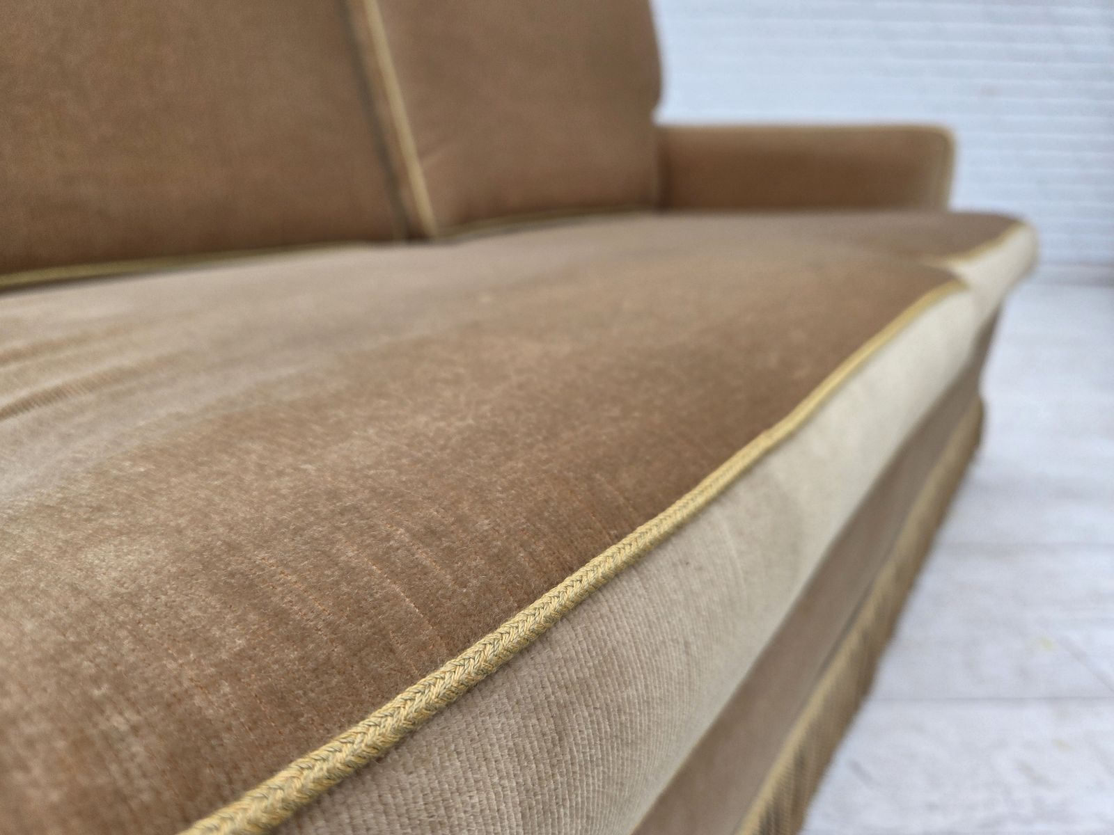 photo for sale 1970s, Danish 2 Seater Sofa, Honey Yellow Furniture Velour.