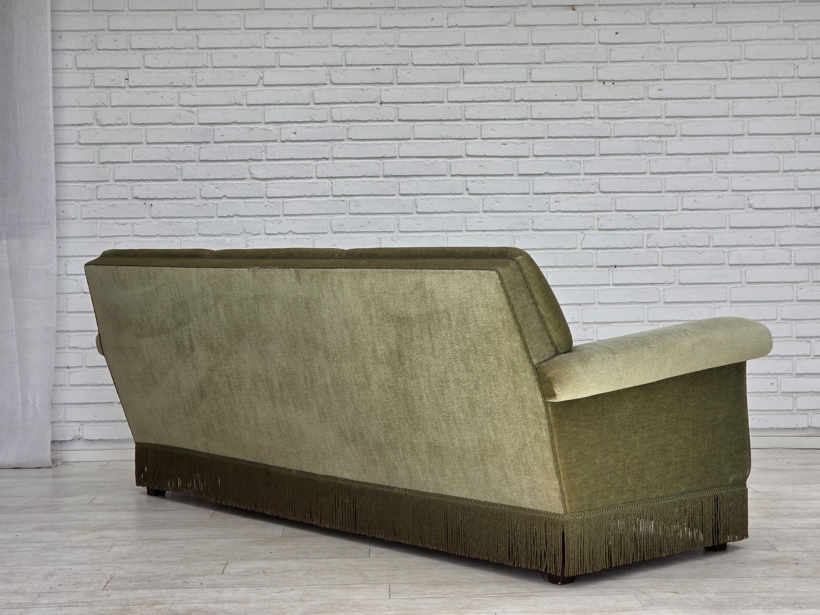 photo furniture 1970s, Danish 3 Seater Sofa, Green Furniture Velour, Beech Wood.