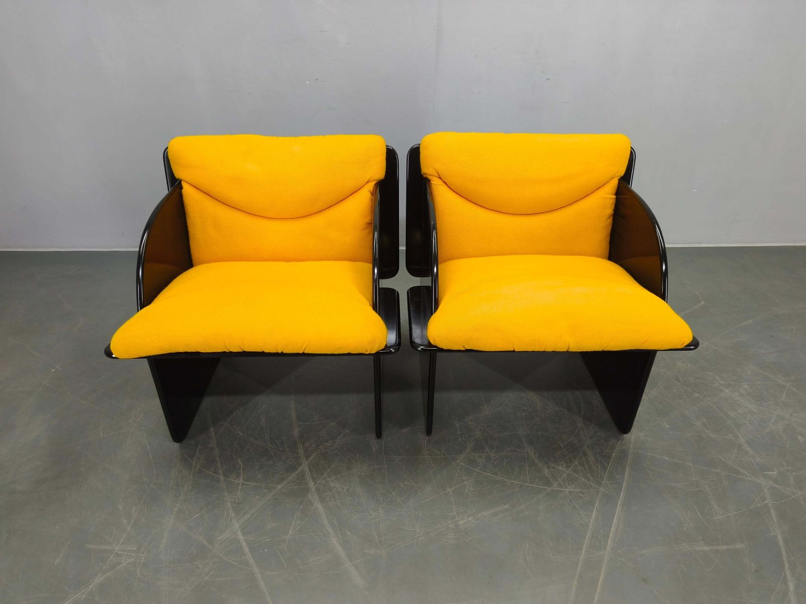 Pair Of Italian Space Age Armchairs, Black Lacquer, 1970s photo for sale