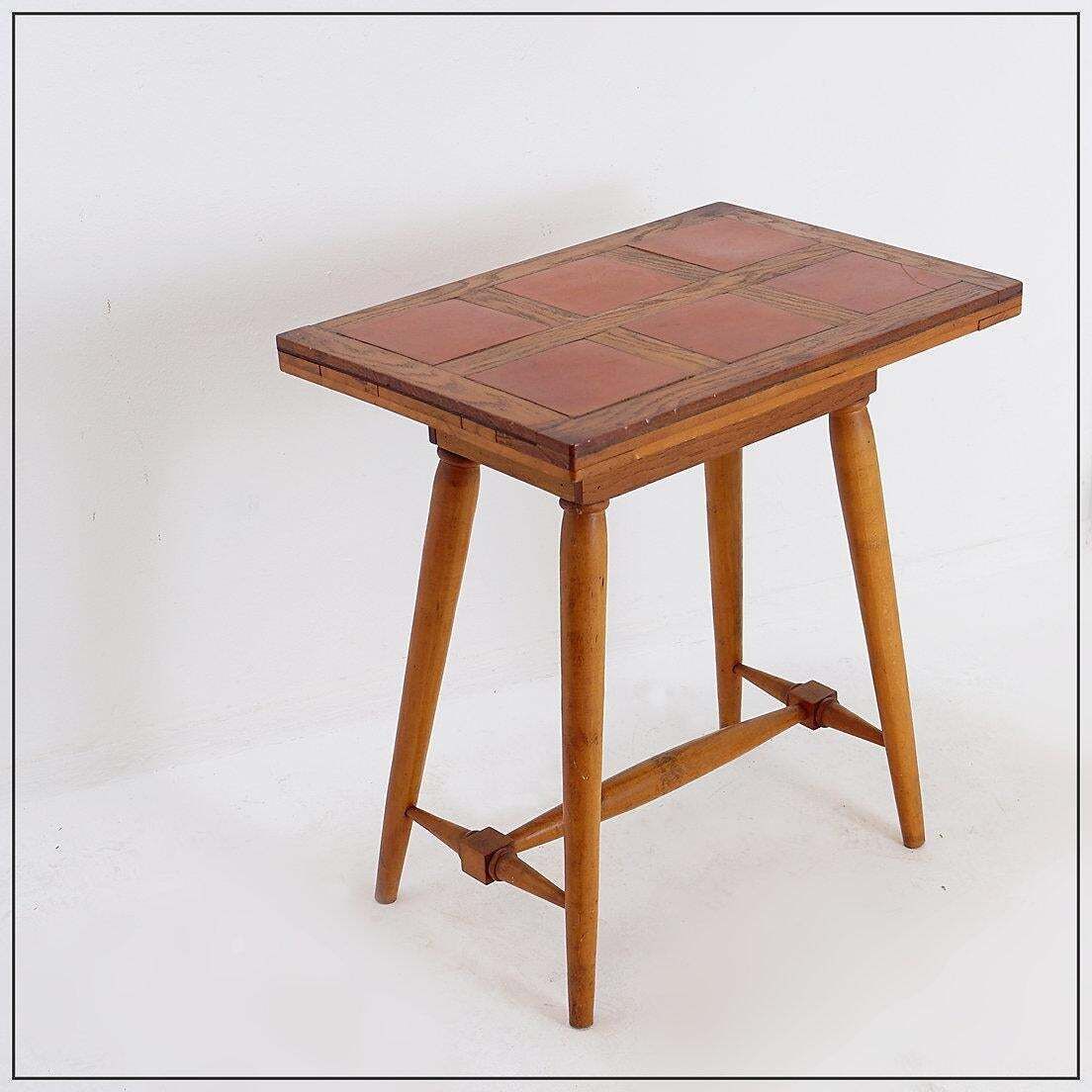 Furniture Vintage Wooden Side Table With Terracotta Tile Top   1960s photo
