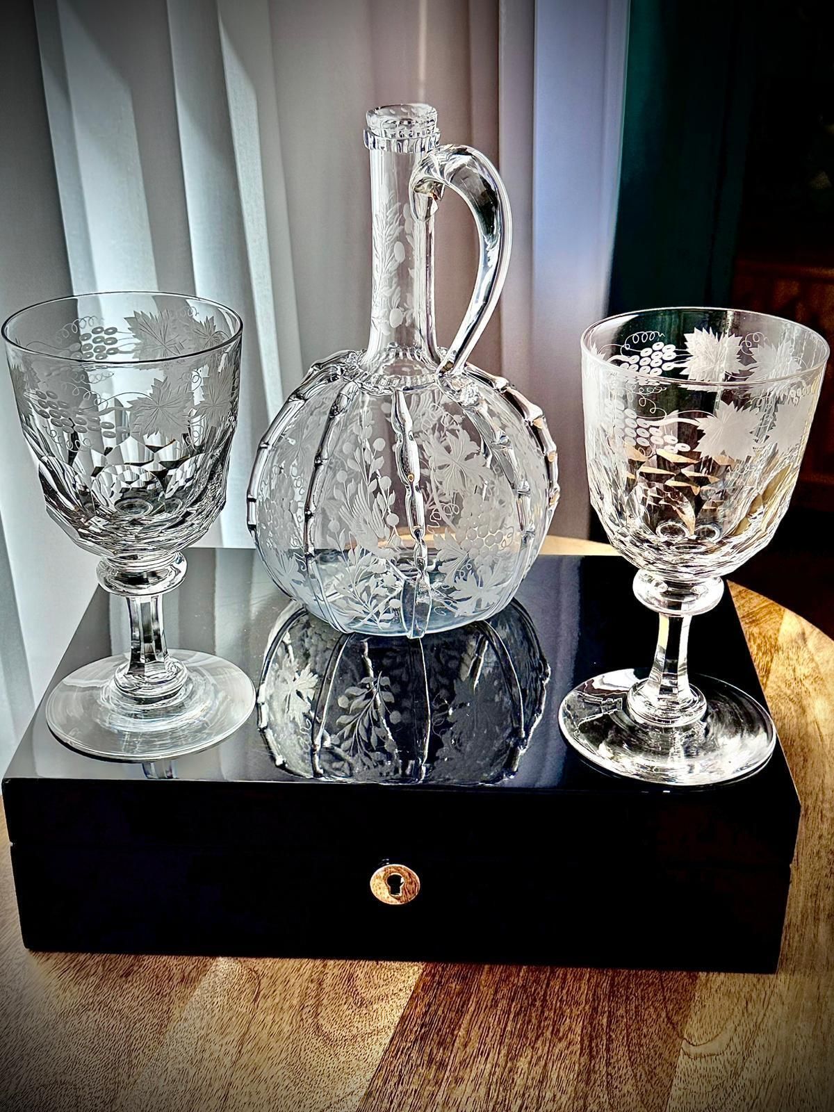 19th Century Engraved Glass Claret Jug With Pair Of Crystal Wine Goblets photo Home Decor