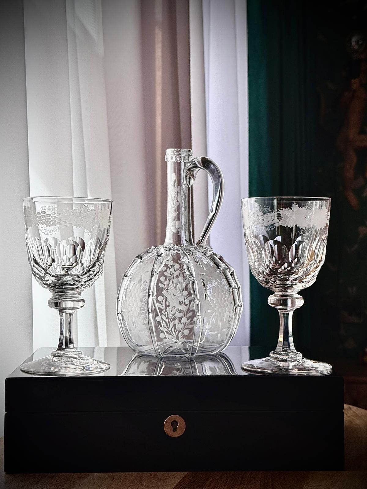 19th Century Engraved Glass Claret Jug With Pair Of Crystal Wine Goblets photo buy