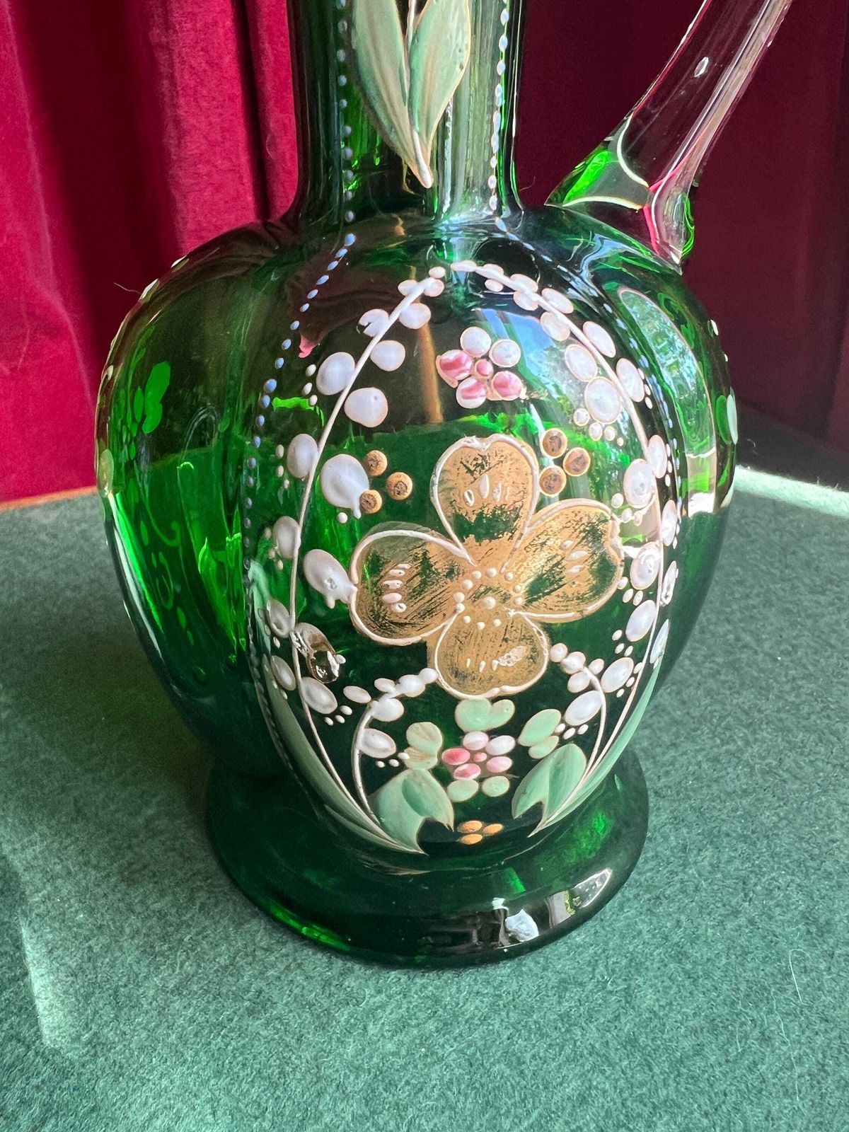 Art Deco Bohemian Green Glass Ewer Jug. Hand Painted Enamel And Gilt Floral Decor. Art Glass Collector Gift. photo furniture