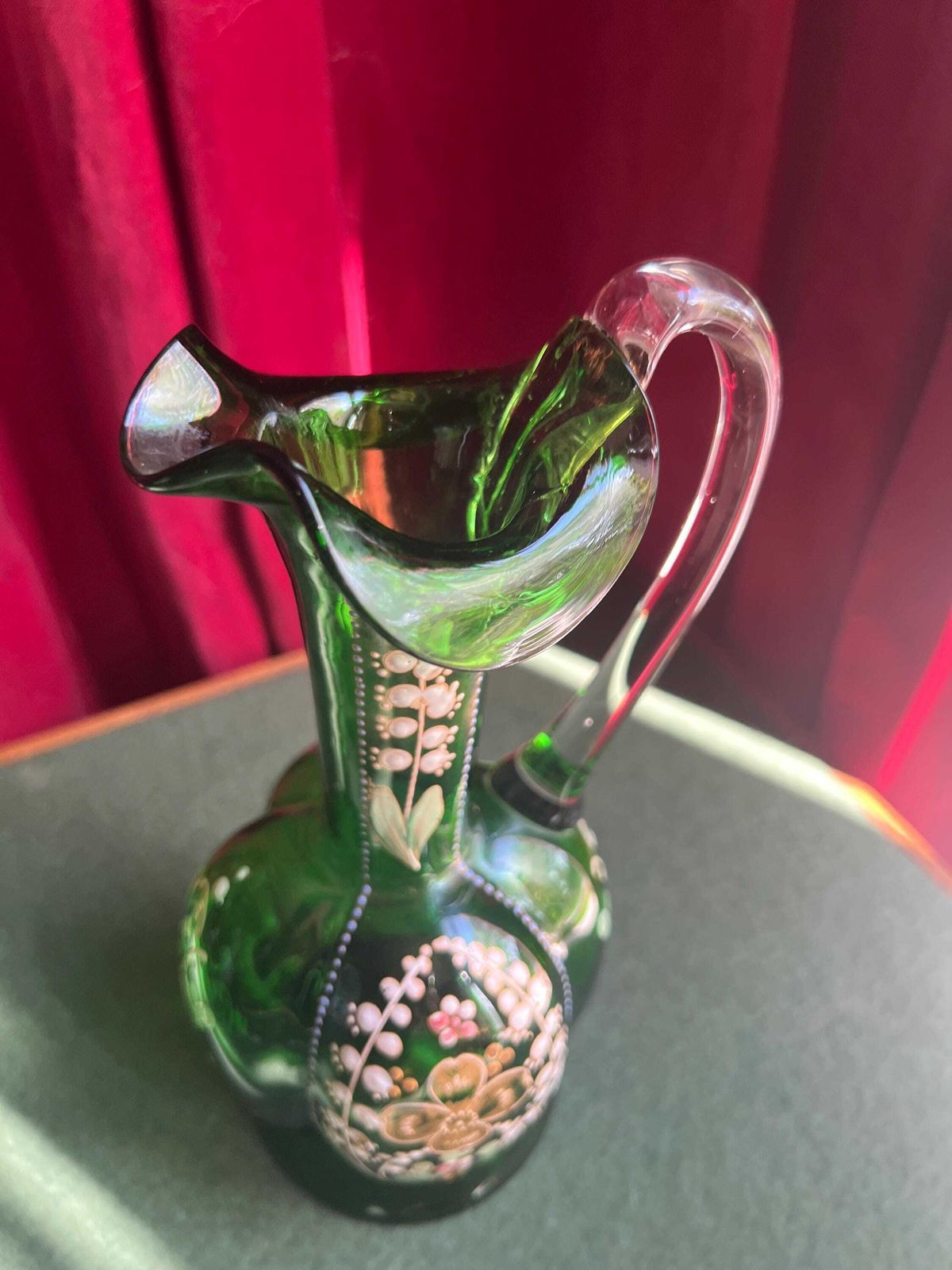 Art Deco Bohemian Green Glass Ewer Jug. Hand Painted Enamel And Gilt Floral Decor. Art Glass Collector Gift. photo for sale