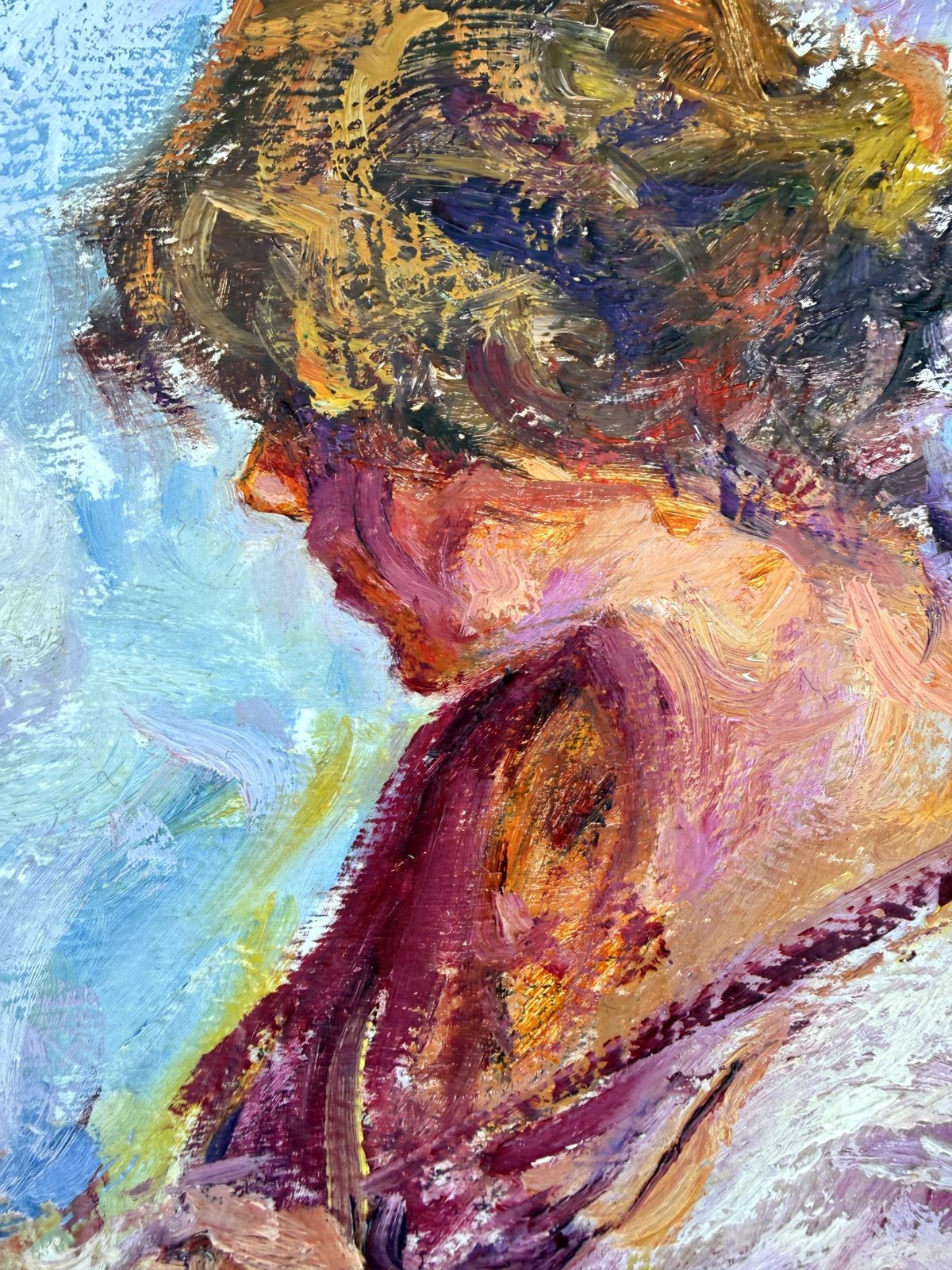 Jose Antonio Pineda Bueno, figure féminine méditerranéenne, paysage expressionniste, huile sur toile grand format, années 2000 photo for sale