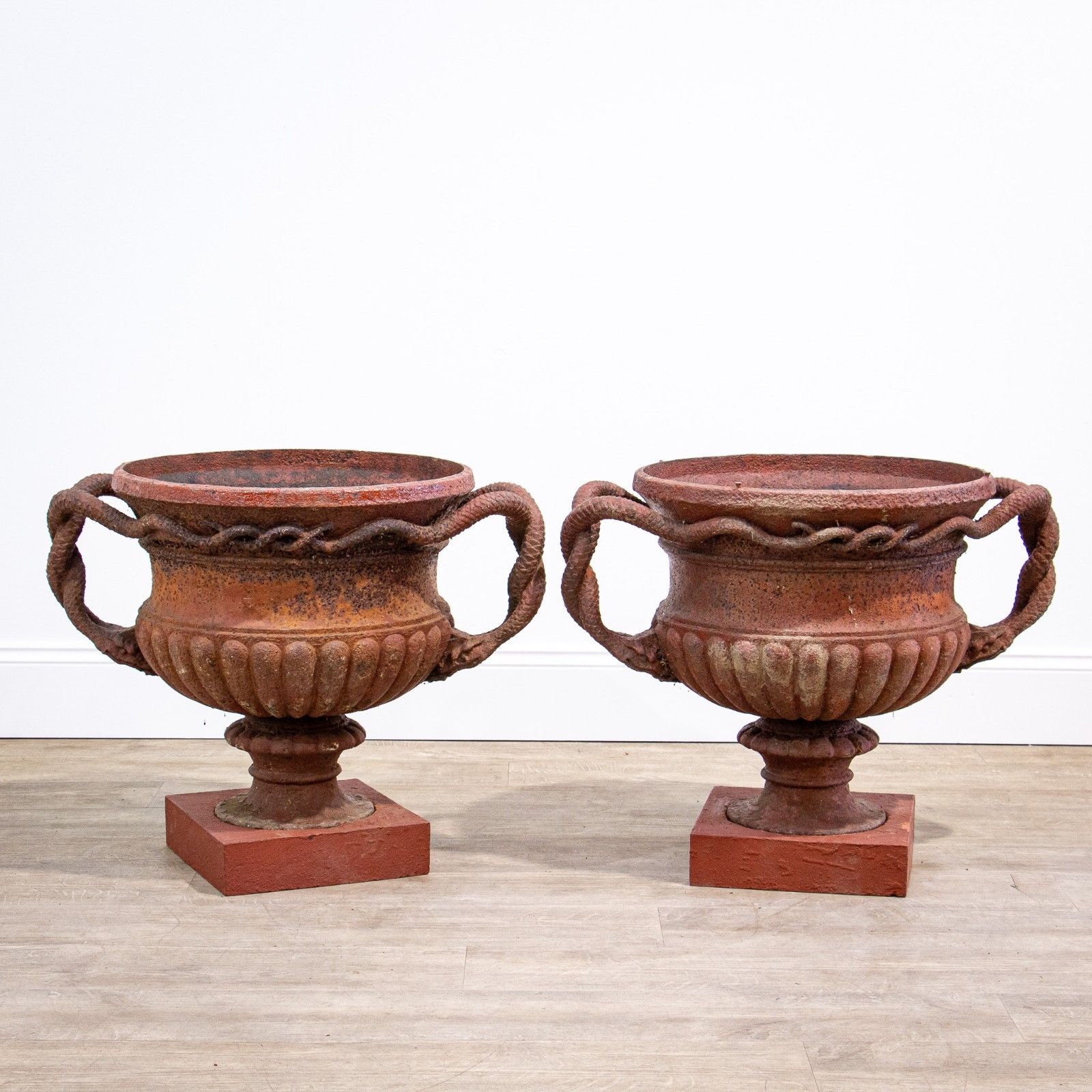 Pair Of Cast Iron French 19th Century Snake Handled Urns