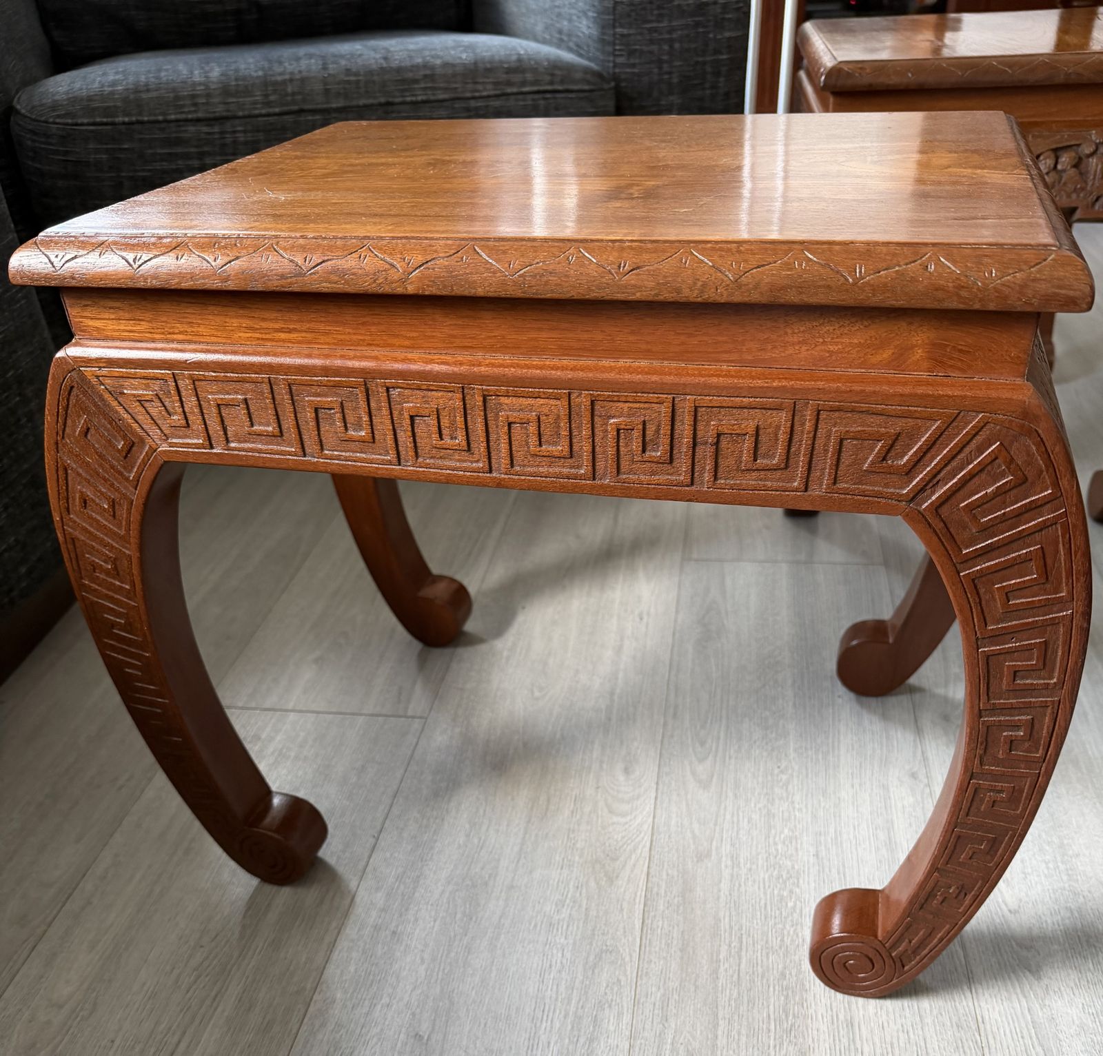 photo for sale Pair Of Mid Century Hand Carved Chinoiserie Side Tables   Chow Style