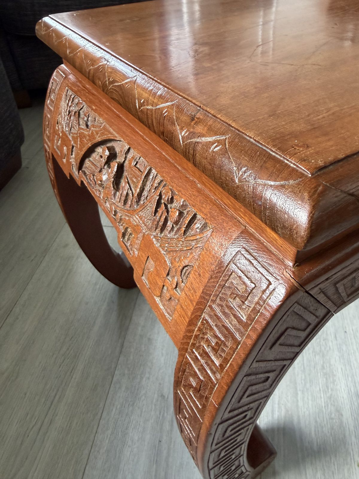 Furniture Pair Of Mid Century Hand Carved Chinoiserie Side Tables   Chow Style photo