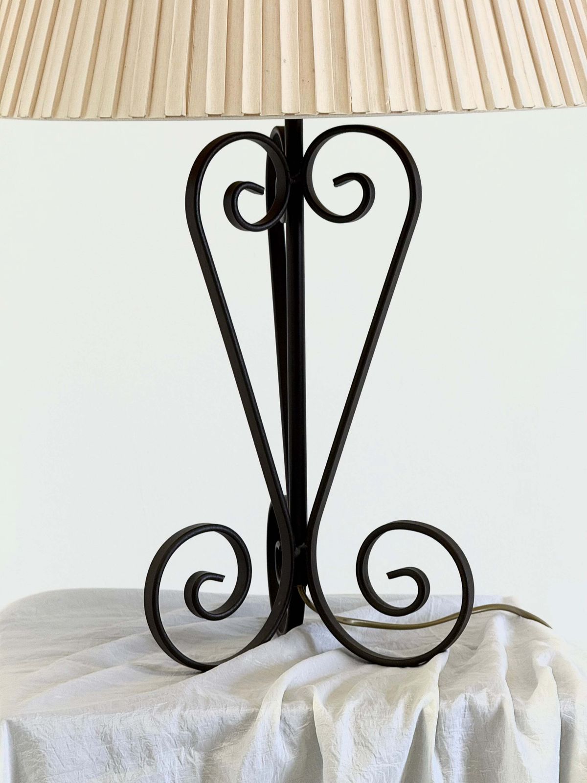 Vintage Wrought Iron Table Lamp In A Swirl Shape With A Pleated Shade photo vintage