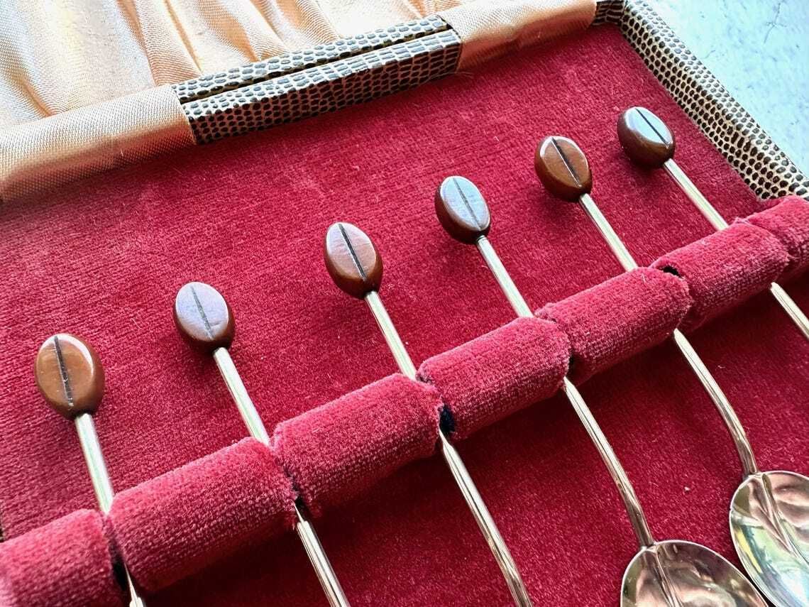Silver Coffee Bean Topped Spoons Docker And Burn Birmingham 1925 Art Deco photo vinterior