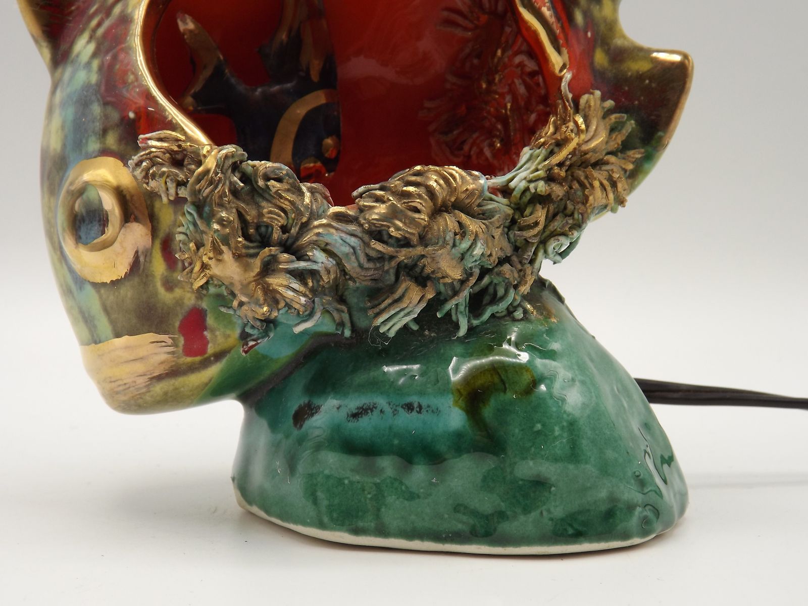 Lampe de table en céramique de Vallauris, poisson polychrome, estampillée, années 1950 photo vintage