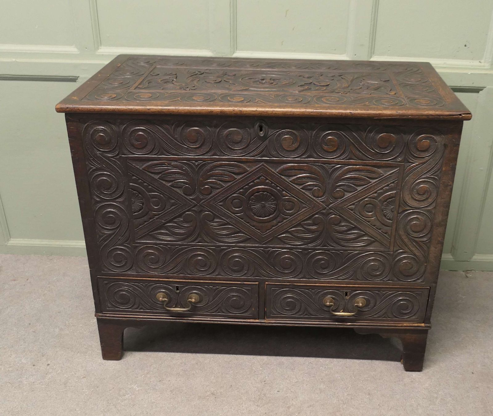 Cottage Size Green Man Carved Oak Mule Chest This Is A Beautifully Carved Mule Chest photo furniture